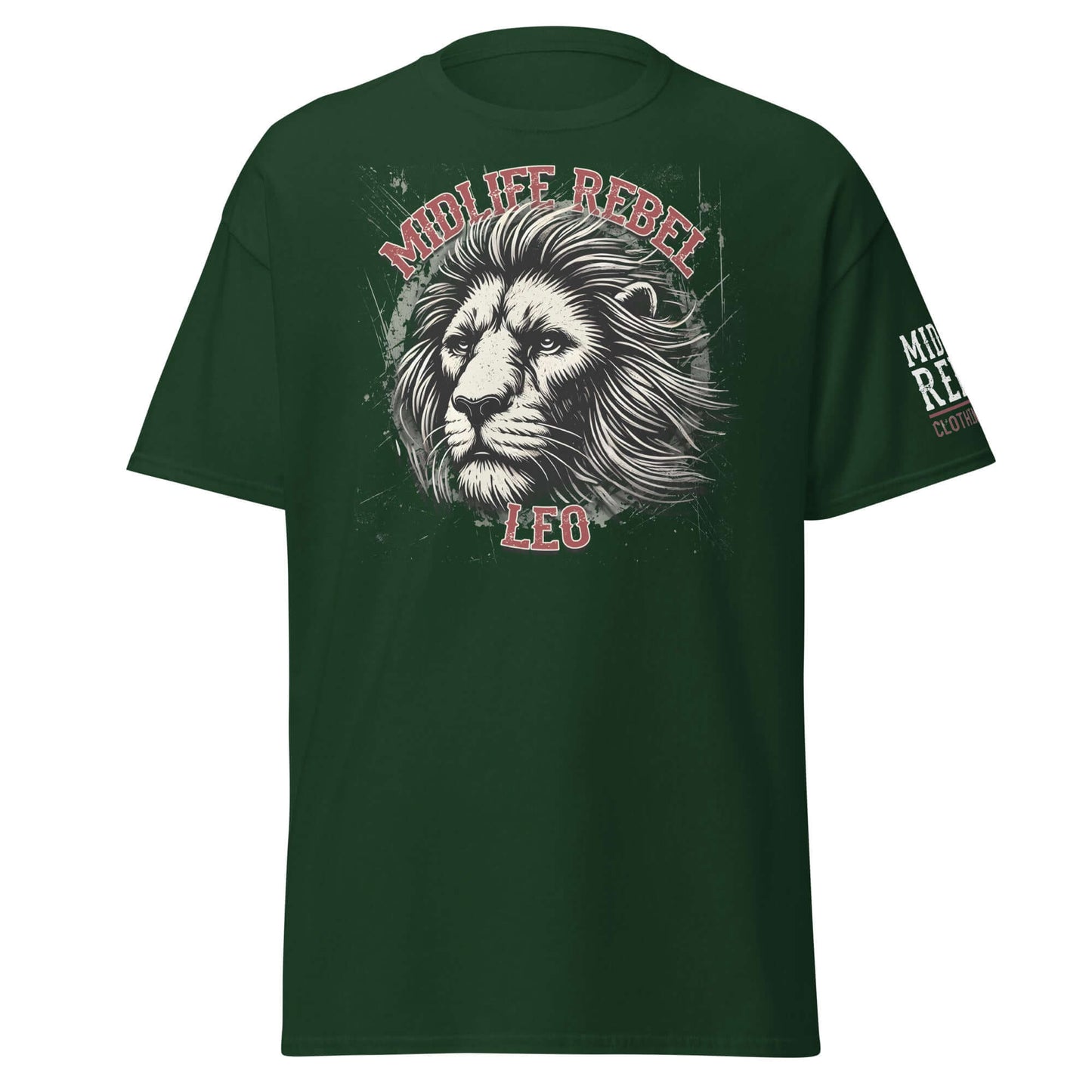 Leo Lion Zodiac T-shirt in dark green with bold lion graphic and 'Midlife Rebel' text, perfect for confident astrology enthusiasts.