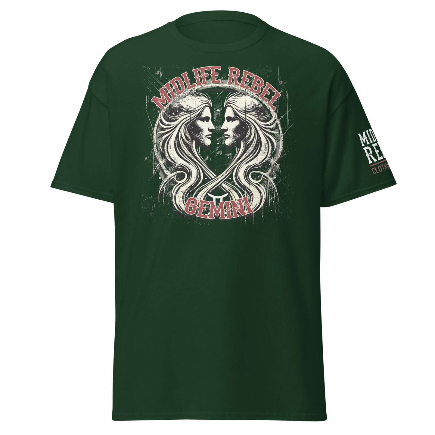 Green Gemini Twins Zodiac T-shirt with abstract gritty twin design for astrology enthusiasts by Midlife Rebel.