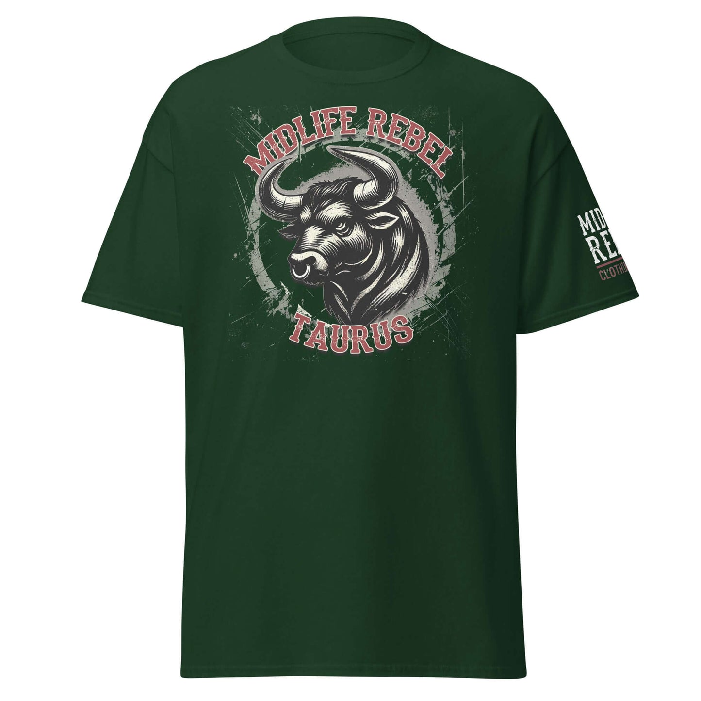 Green Taurus Bull Zodiac T-shirt featuring Midlife Rebel design for astrology enthusiasts.