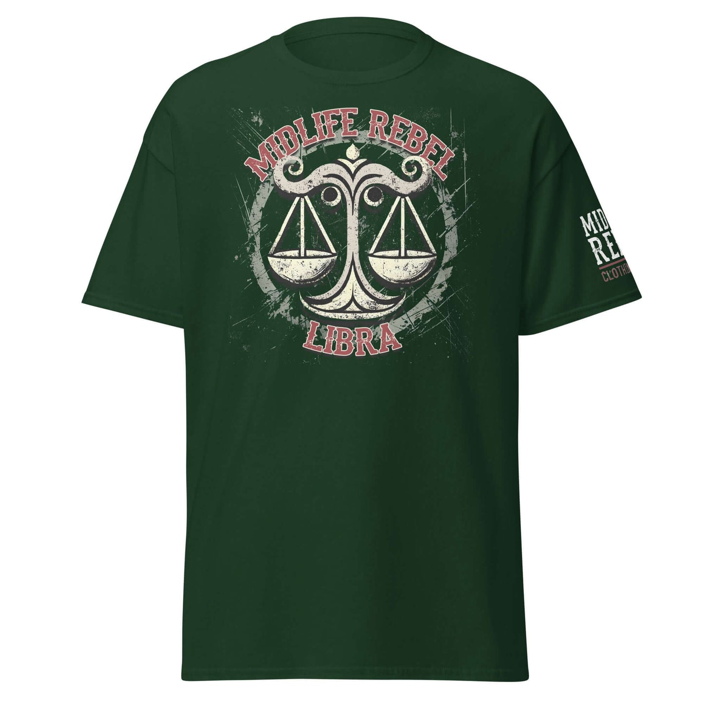 Green Libra Scales Zodiac T-shirt with Midlife Rebel design, astrology apparel for justice and harmony lovers.