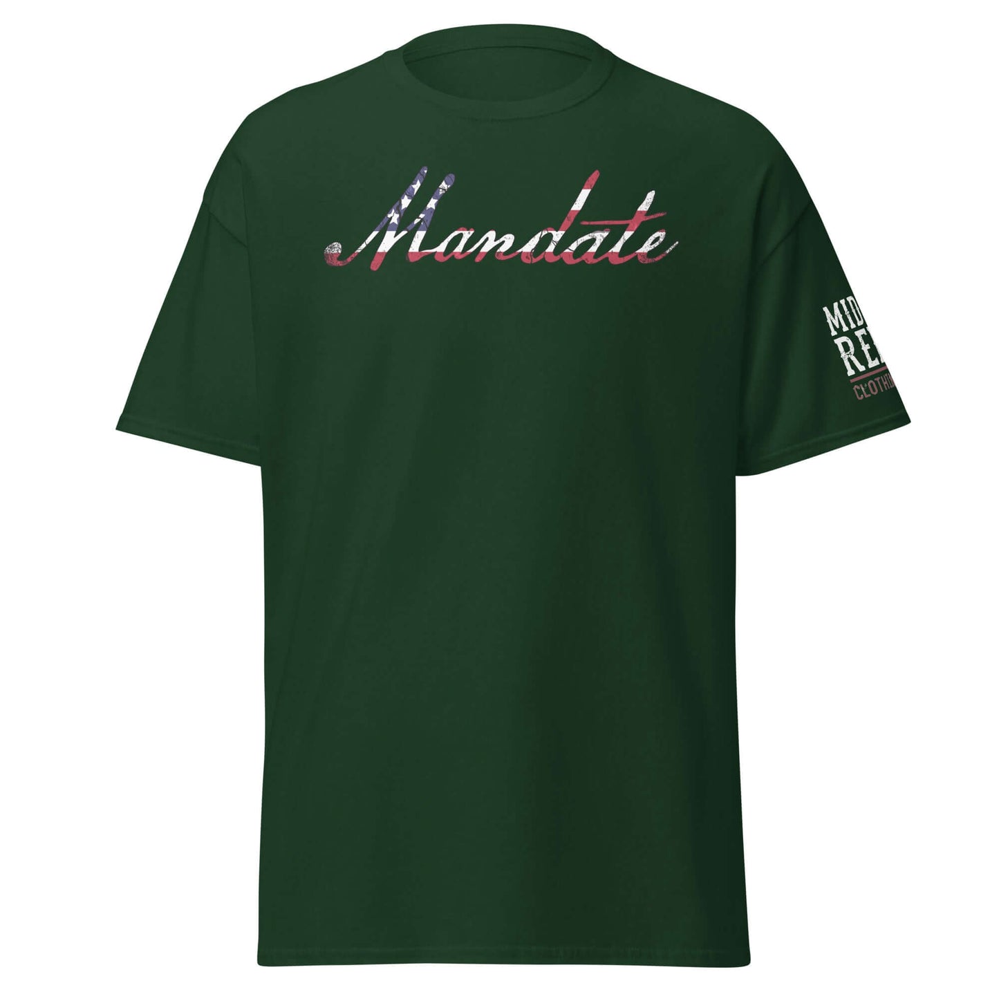 Unisex classic tee with "Mandate" in American flag design, symbolizing patriotism and power for the 2024 election.
