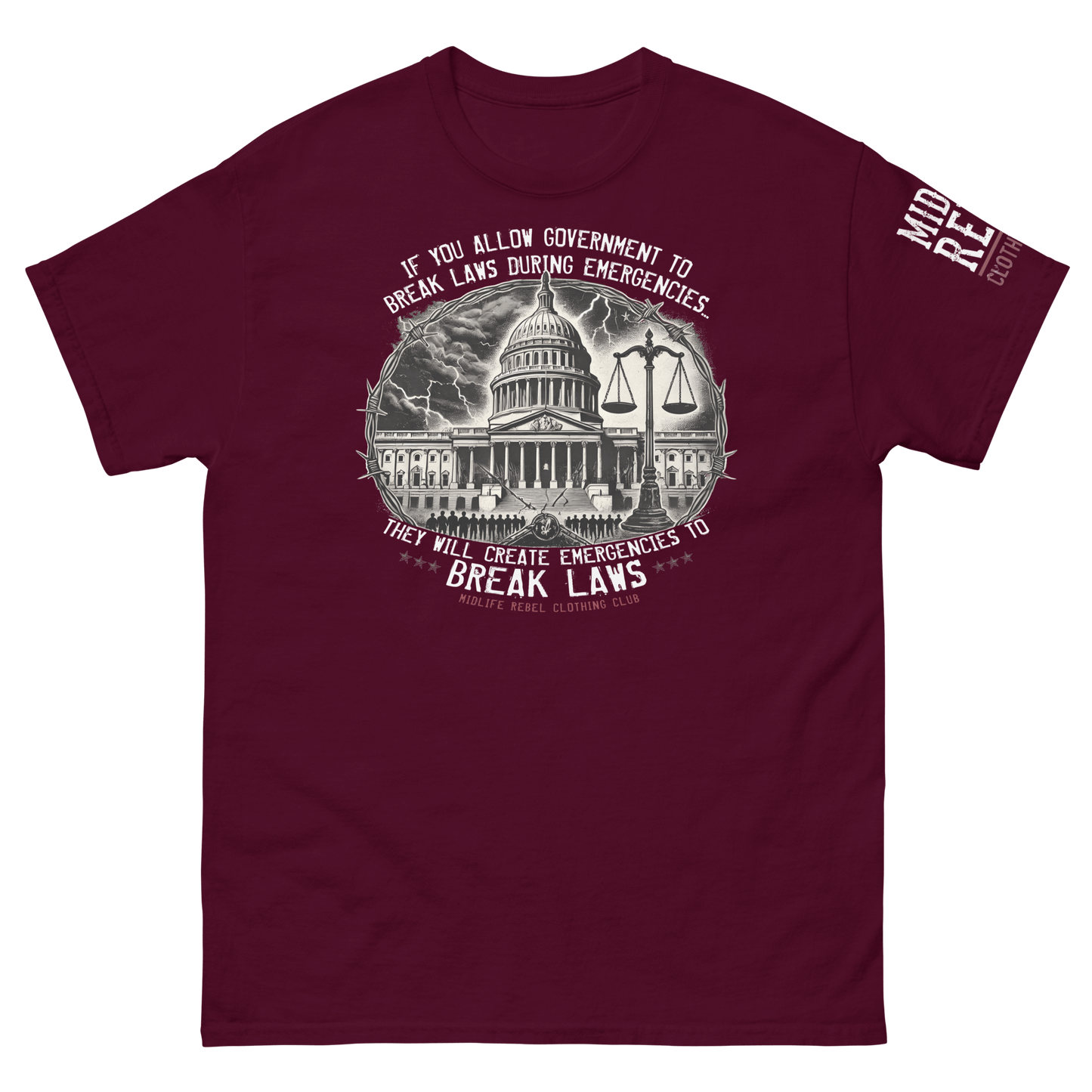 Classic tee with political design featuring a crumbling government building and broken scales of justice, symbolizing unchecked power.