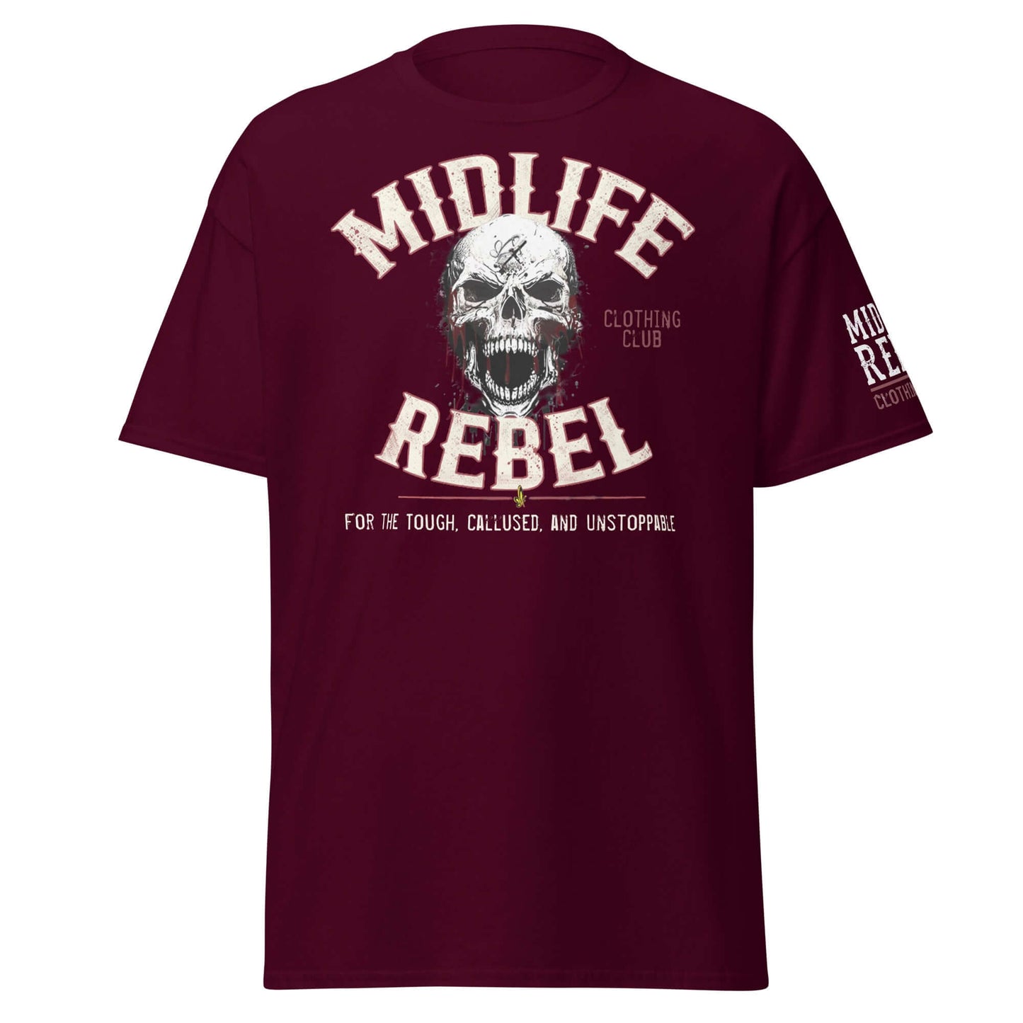 Unisex Midlife Rebel classic tee with skull logo, celebrating resilience and individuality in deep maroon.