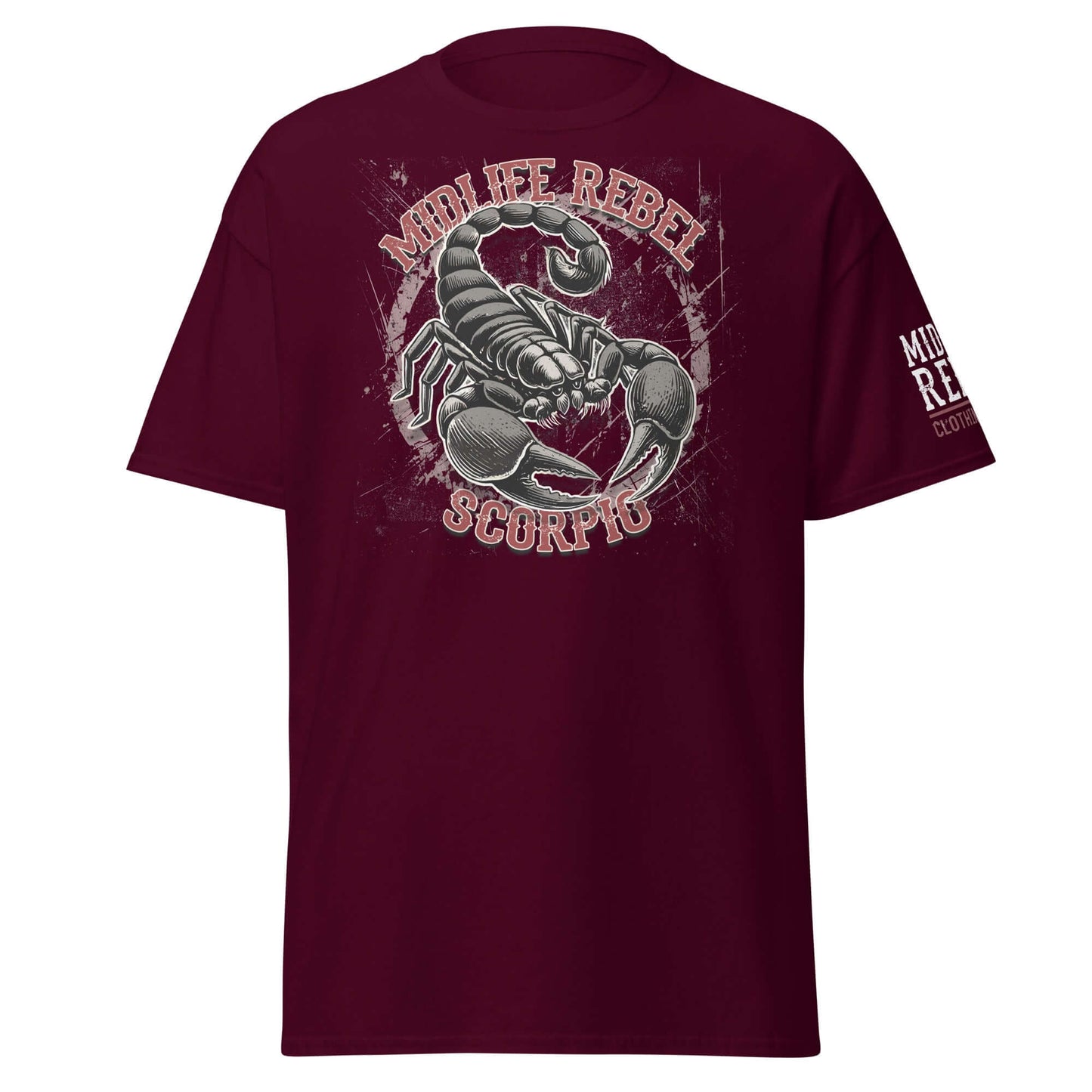 Burgundy Scorpio Zodiac T-shirt featuring a detailed scorpion design, embodying intensity and transformation, 100% cotton unisex style.
