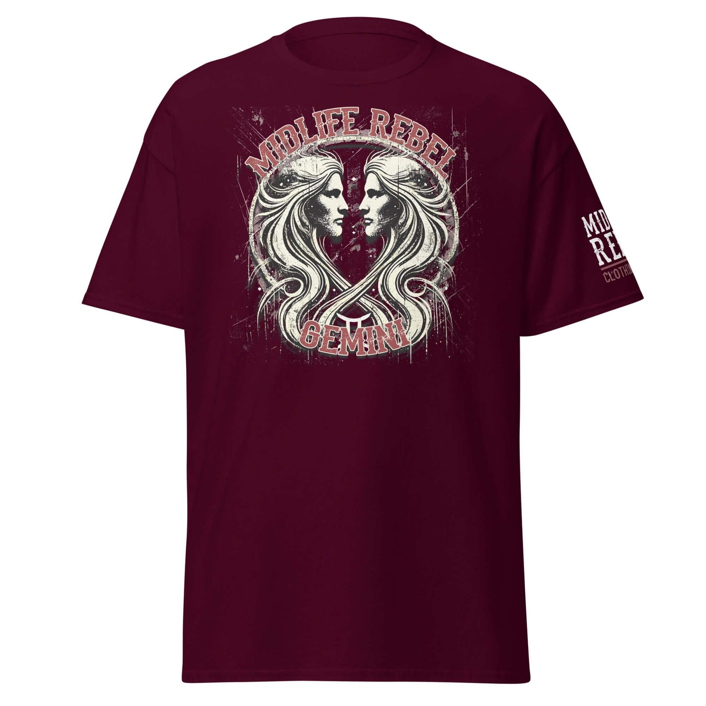 Maroon Zodiac T-shirt with abstract Gemini twins design and "Midlife Rebel" text, perfect for astrology enthusiasts.