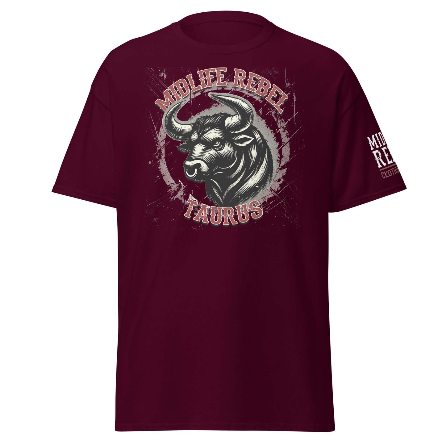 Maroon Taurus Bull Zodiac T-shirt with Midlife Rebel graphic for astrology enthusiasts. Unisex cotton tee for streetwear style.