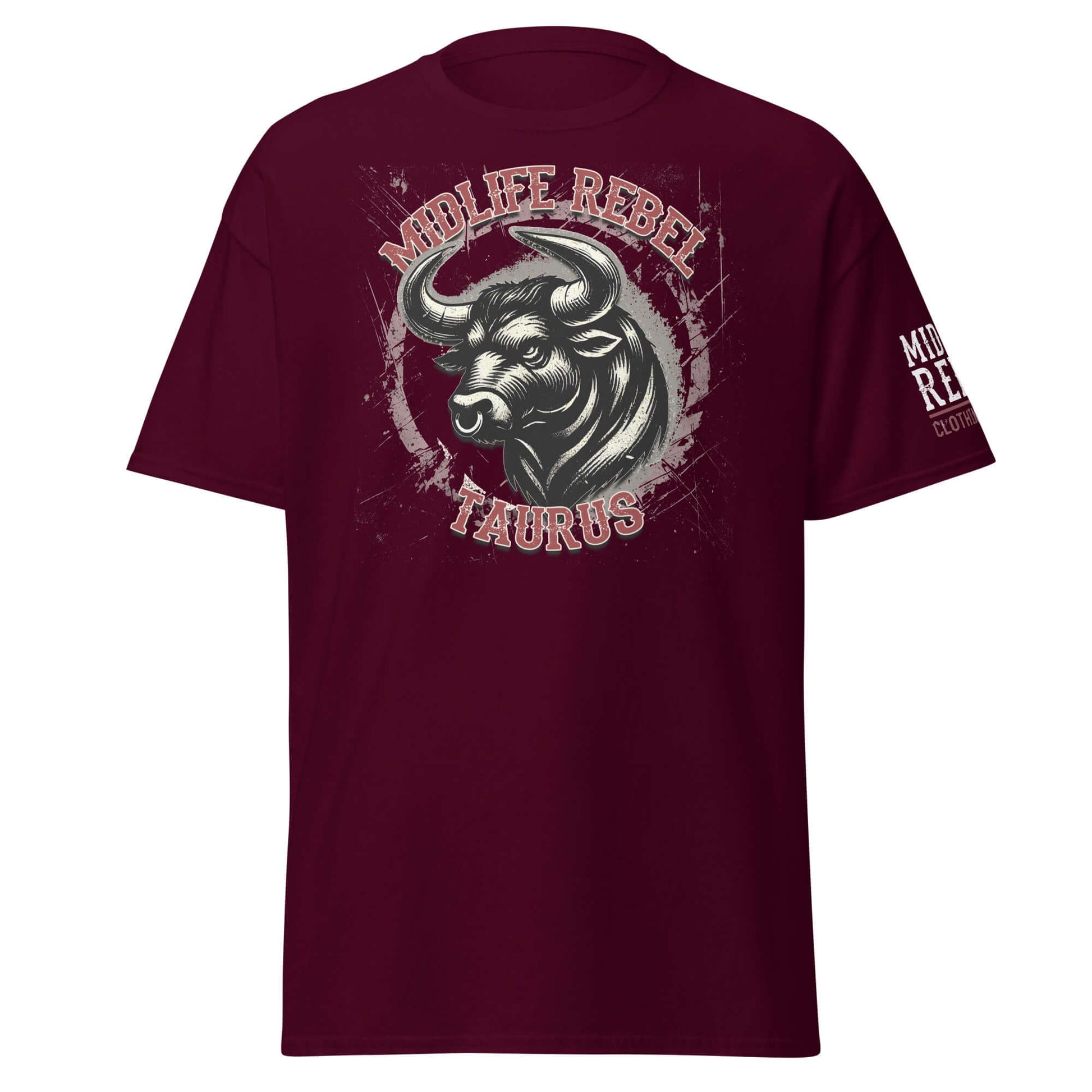 Maroon Taurus Bull Zodiac T-shirt with Midlife Rebel graphic for astrology enthusiasts. Unisex cotton tee for streetwear style.