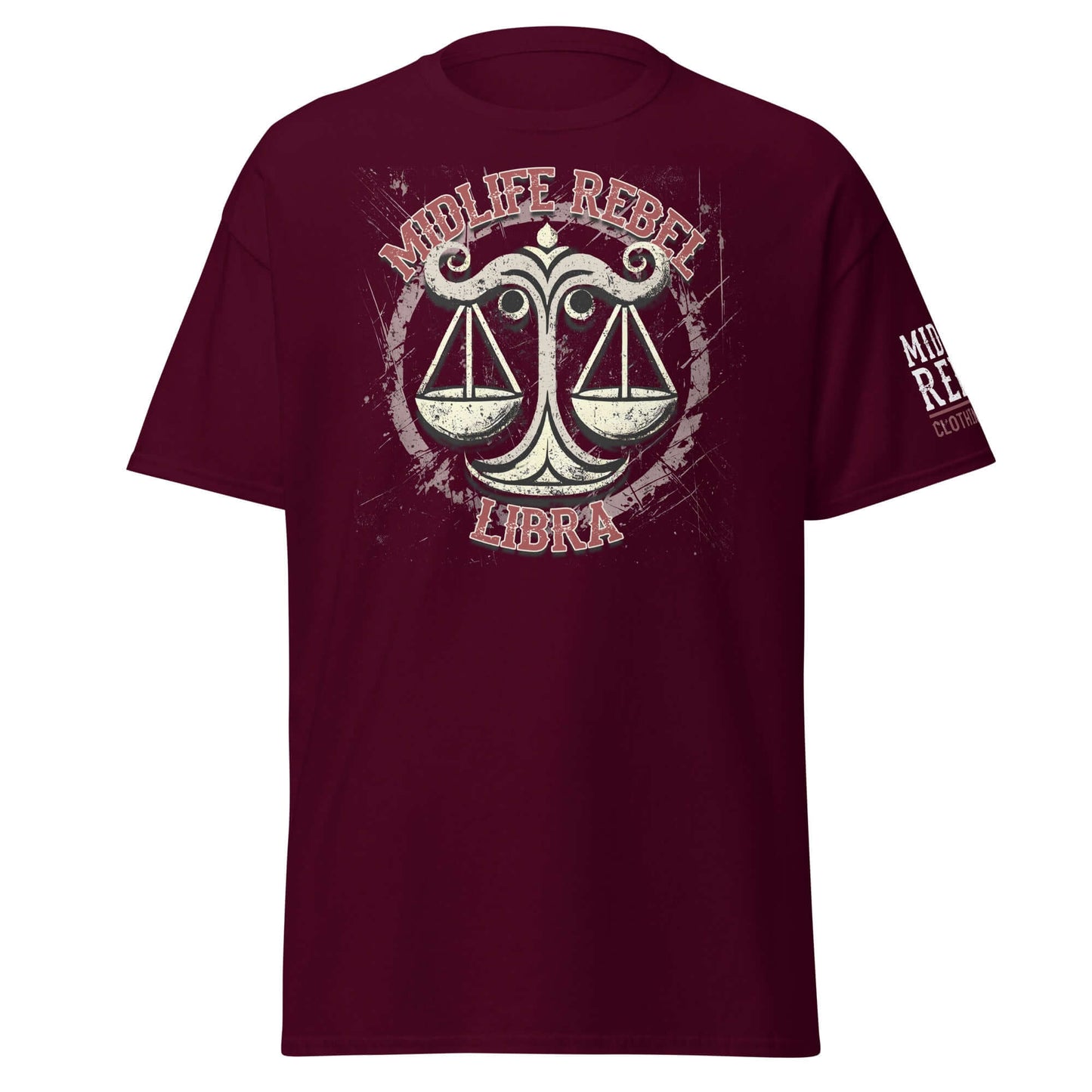 Burgundy Libra scales t-shirt featuring Midlife Rebel abstract design for astrology fans seeking justice and harmony style.
