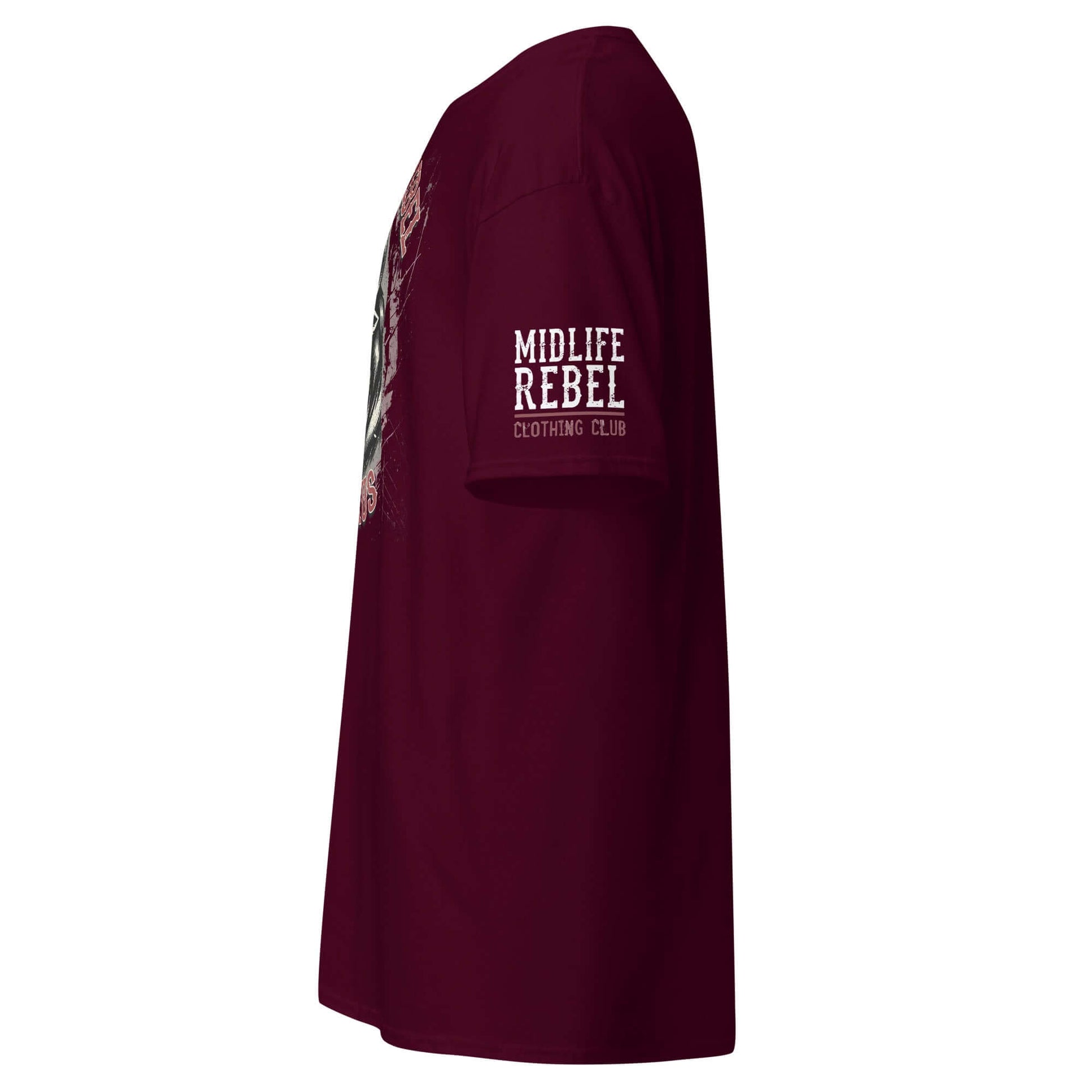 Side view of maroon Taurus Bull Zodiac T-shirt by Midlife Rebel, featuring astrology design on sleeve, perfect for layered streetwear.