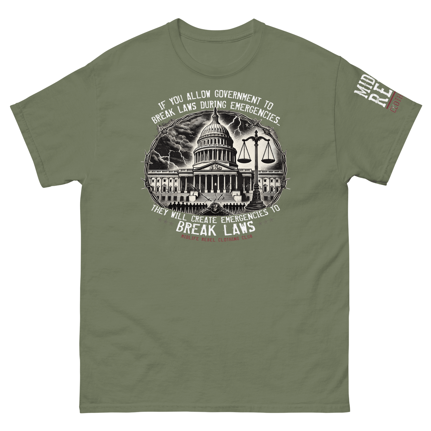 Political statement tee with crumbling government building and scales of justice, highlighting unchecked power's threat to rights.