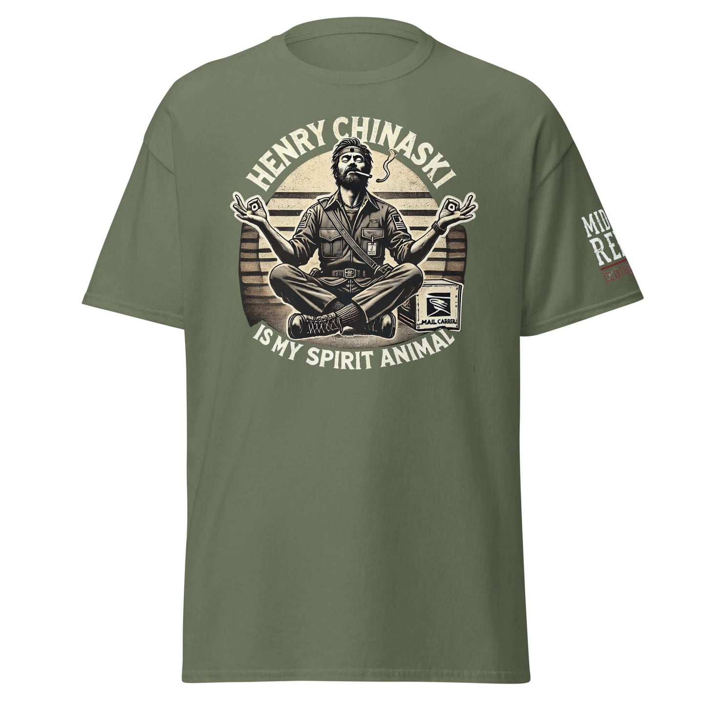 Unisex green tee with "Henry Chinaski Is My Spirit Animal" design, featuring a meditating figure, Bukowski Collection.