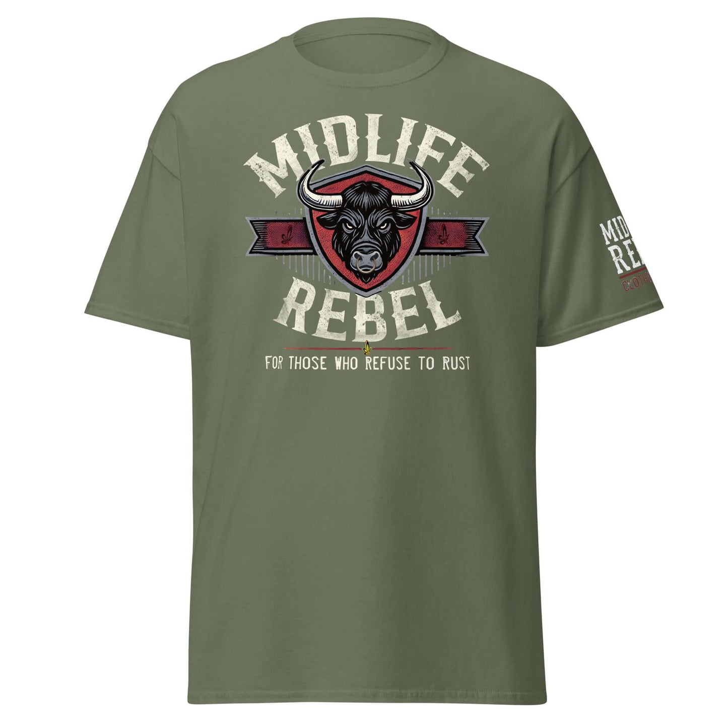 Midlife Rebel unisex tee with bull logo, bold design for resilient individuals who refuse to rust, army green color.