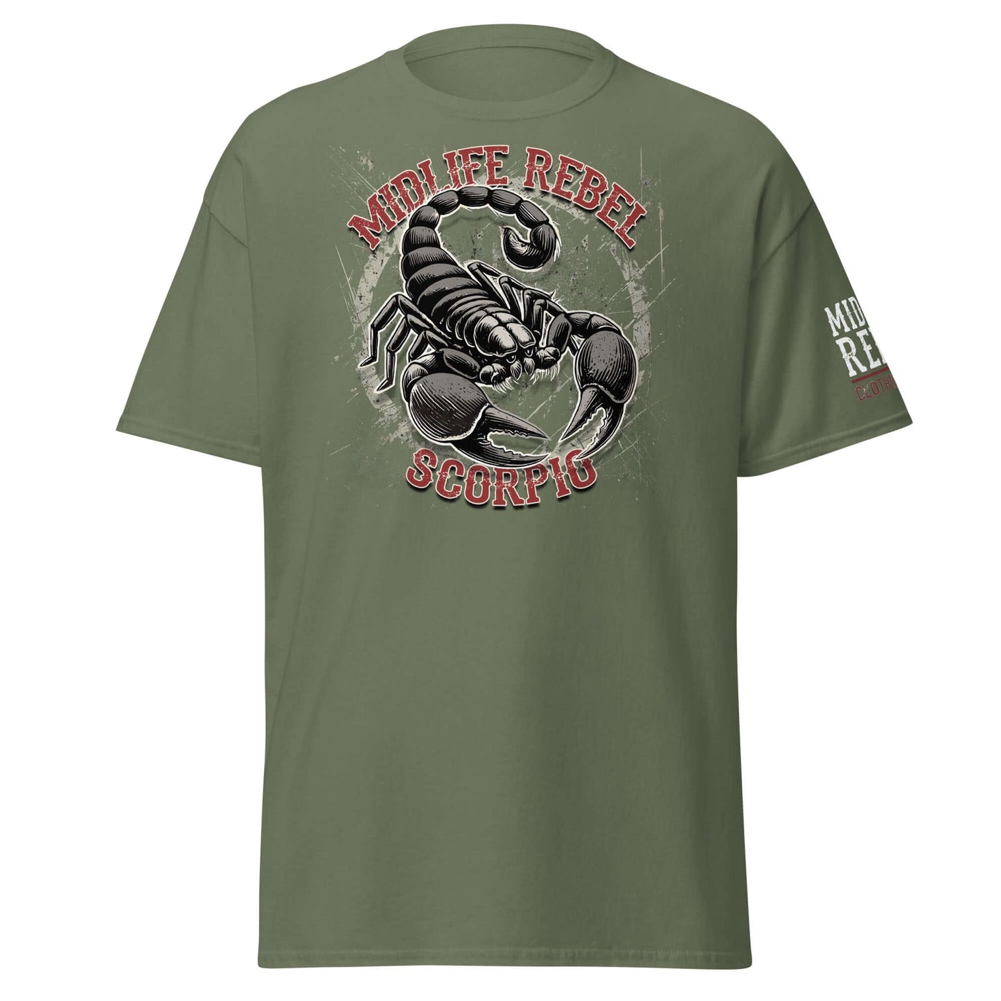 Olive green Scorpio Scorpion Zodiac T-shirt featuring Midlife Rebel design, astrology apparel for a bold and intense look.