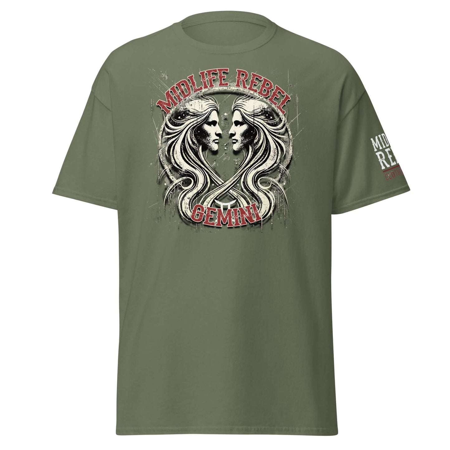 Gemini Twins Zodiac T-shirt with abstract design and text "Midlife Rebel" on a green cotton tee, perfect for streetwear.