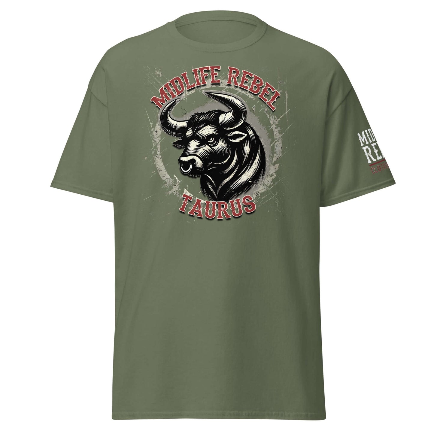 Taurus Bull Zodiac T-shirt with Midlife Rebel design on olive green cotton fabric for astrology enthusiasts