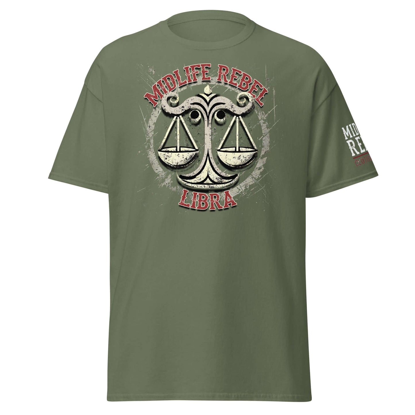 Olive green T-shirt with Midlife Rebel Libra scales design, symbolizing justice and strength, ideal for edgy astrology apparel.