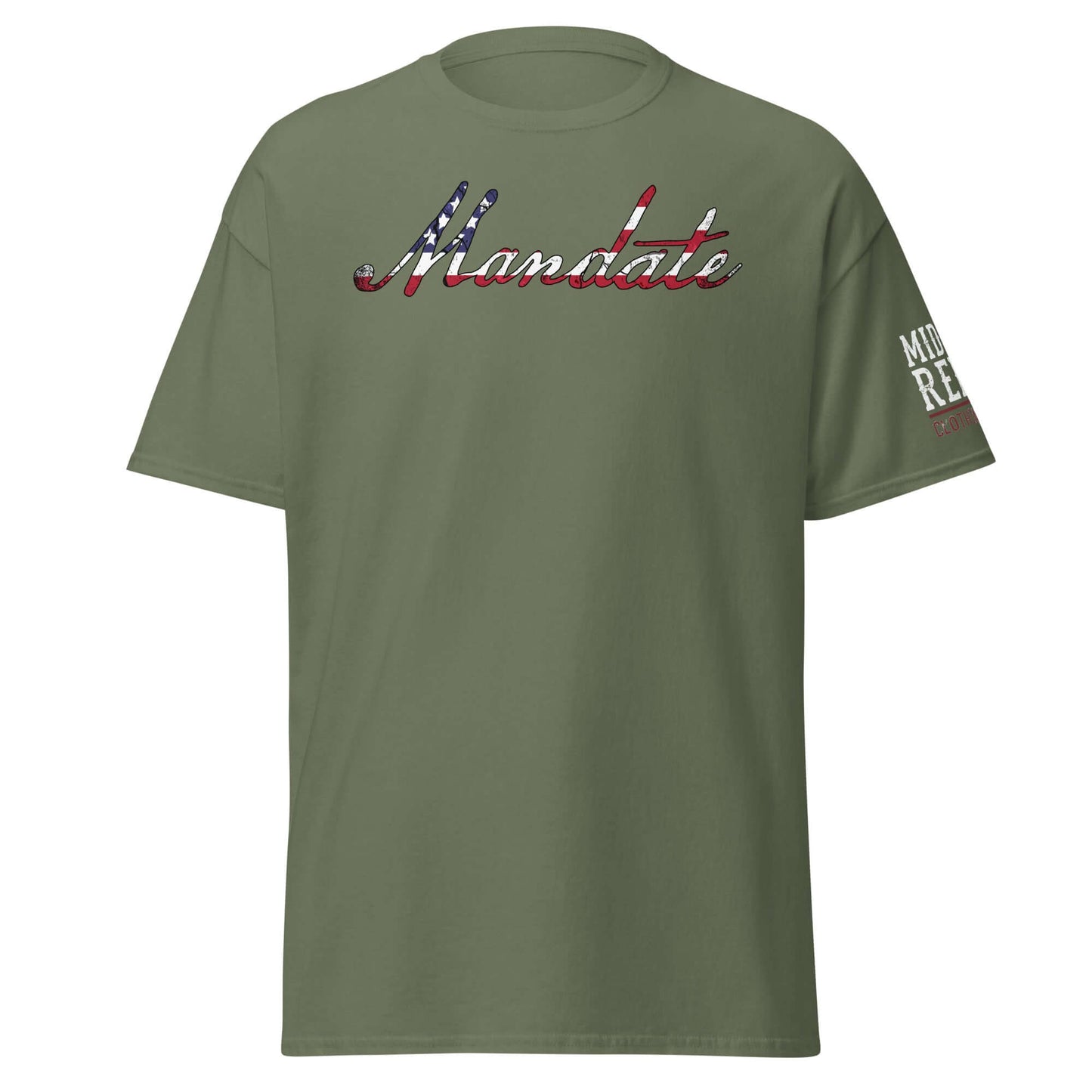 Unisex classic tee with "Mandate" in American flag design, symbolizing patriotism and power for the 2024 election.