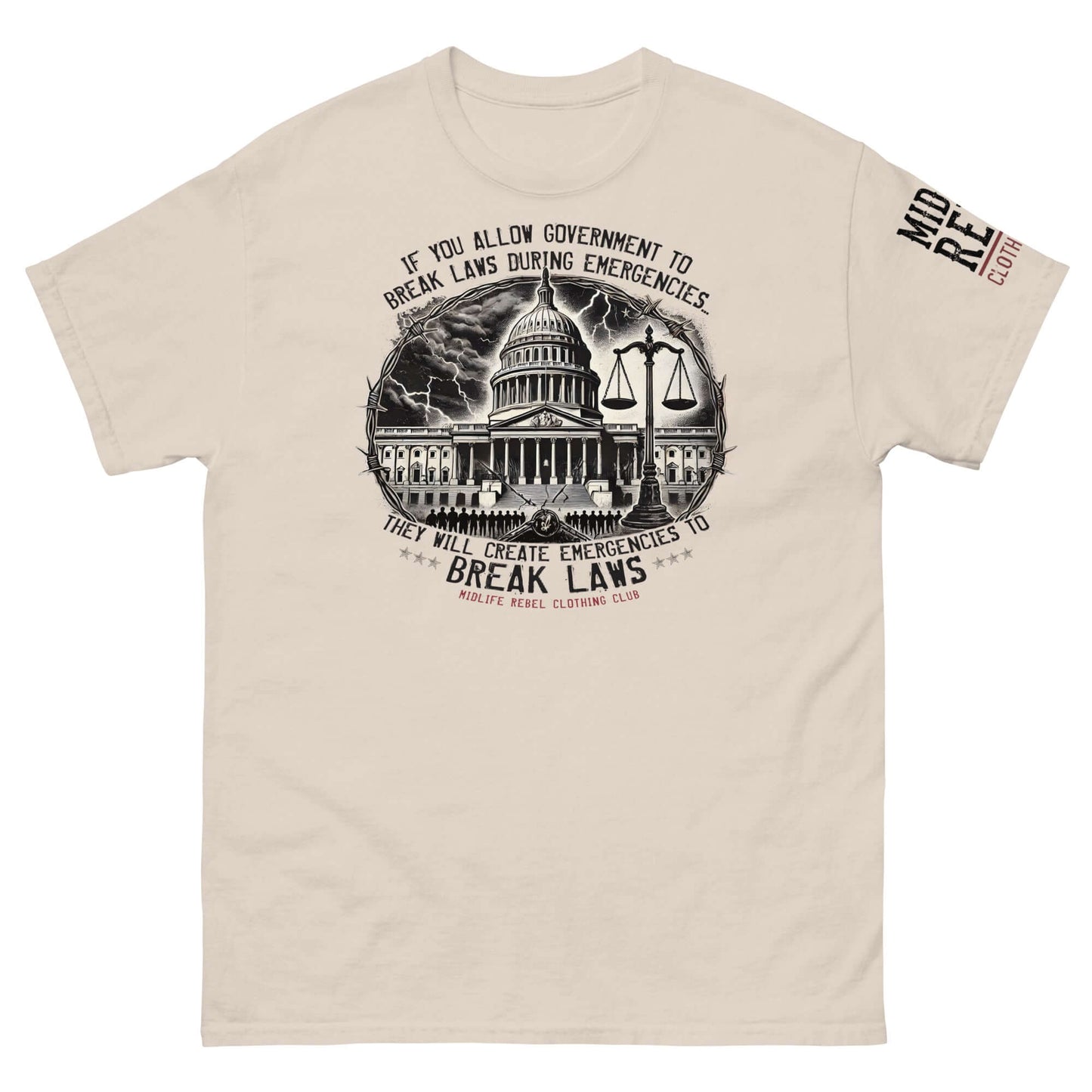 Political t-shirt with crumbling government building and scales of justice, featuring quote on government power and emergencies.