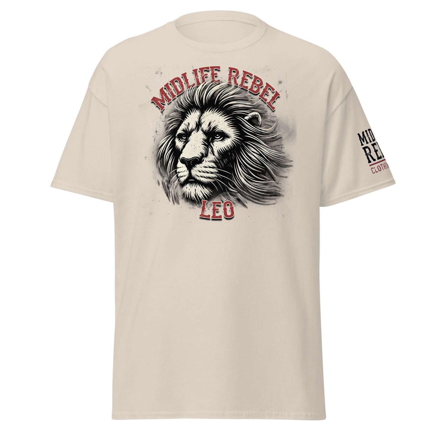 Leo Lion Zodiac T-shirt with fierce lion design, Midlife Rebel branding, astrology apparel in 100% cotton, bold and trendy look.