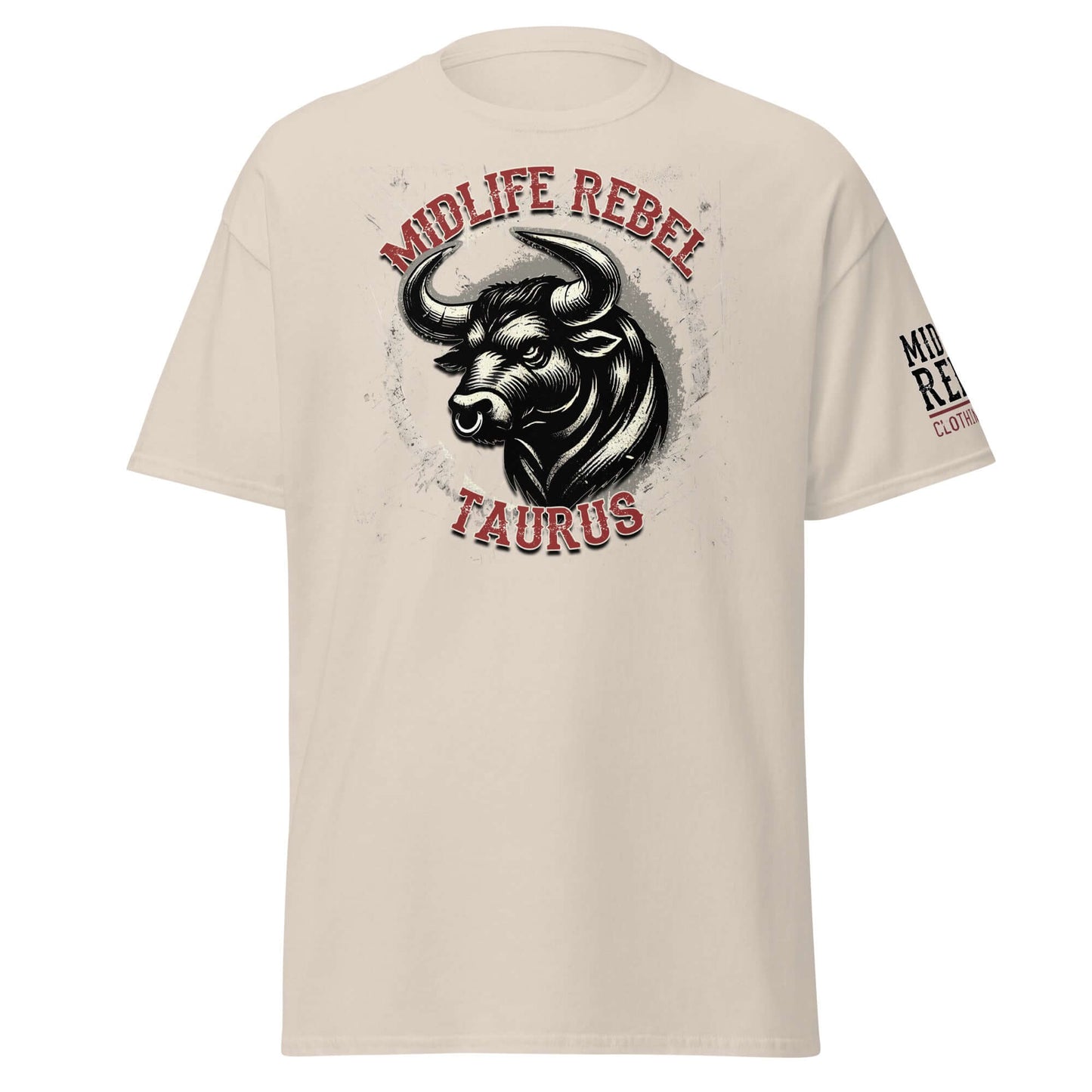 Taurus Bull Zodiac T-shirt with Midlife Rebel graphic, showcasing strong Taurus energy and style.