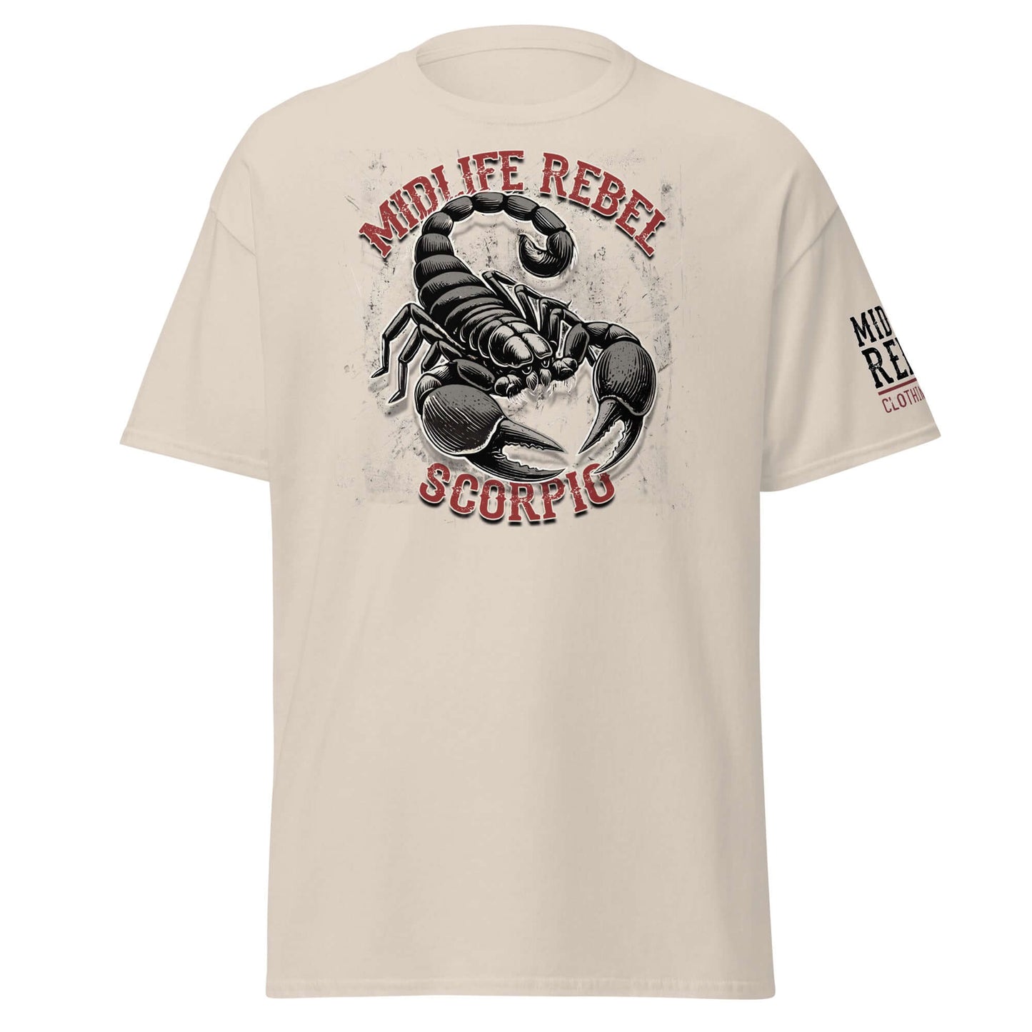 Scorpio Scorpion Zodiac T-shirt with Midlife Rebel design, astrology apparel in beige, featuring intense scorpion graphic.