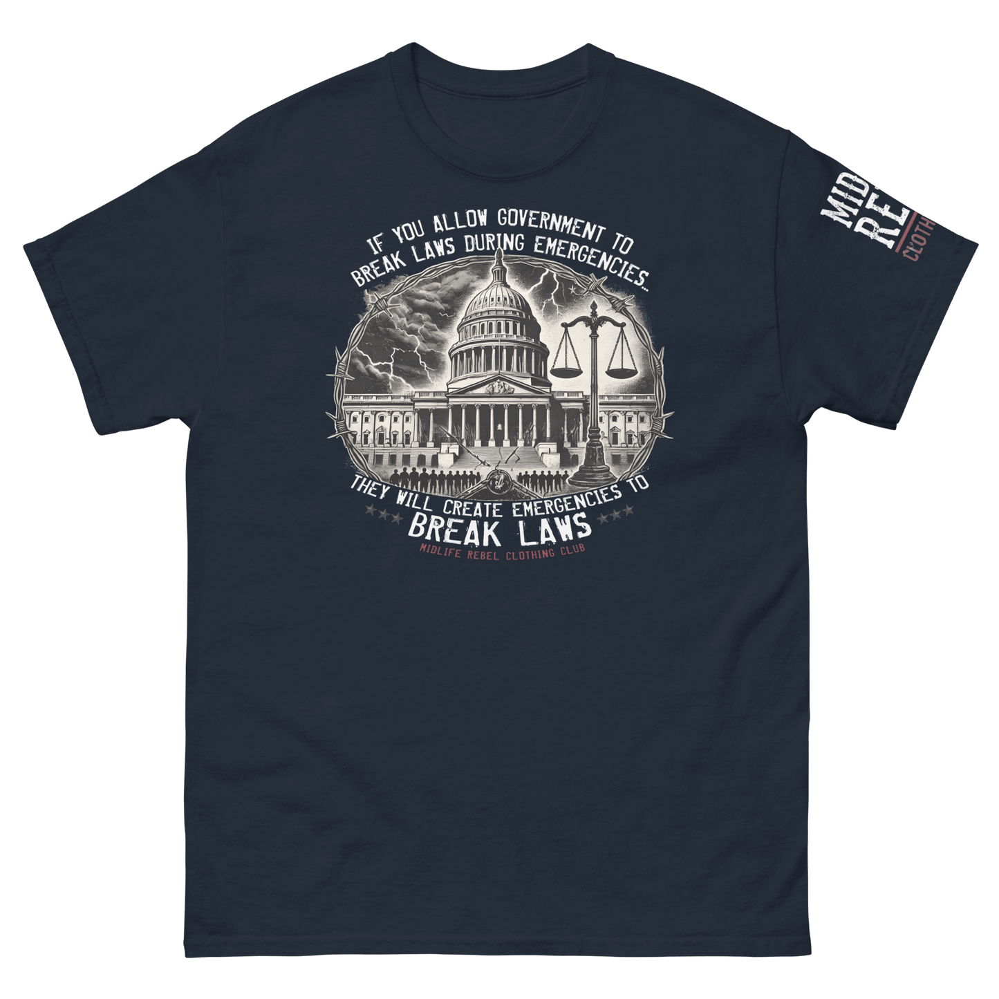 Political tee with crumbling government building and scales of justice, urging vigilance against unchecked power in emergencies.