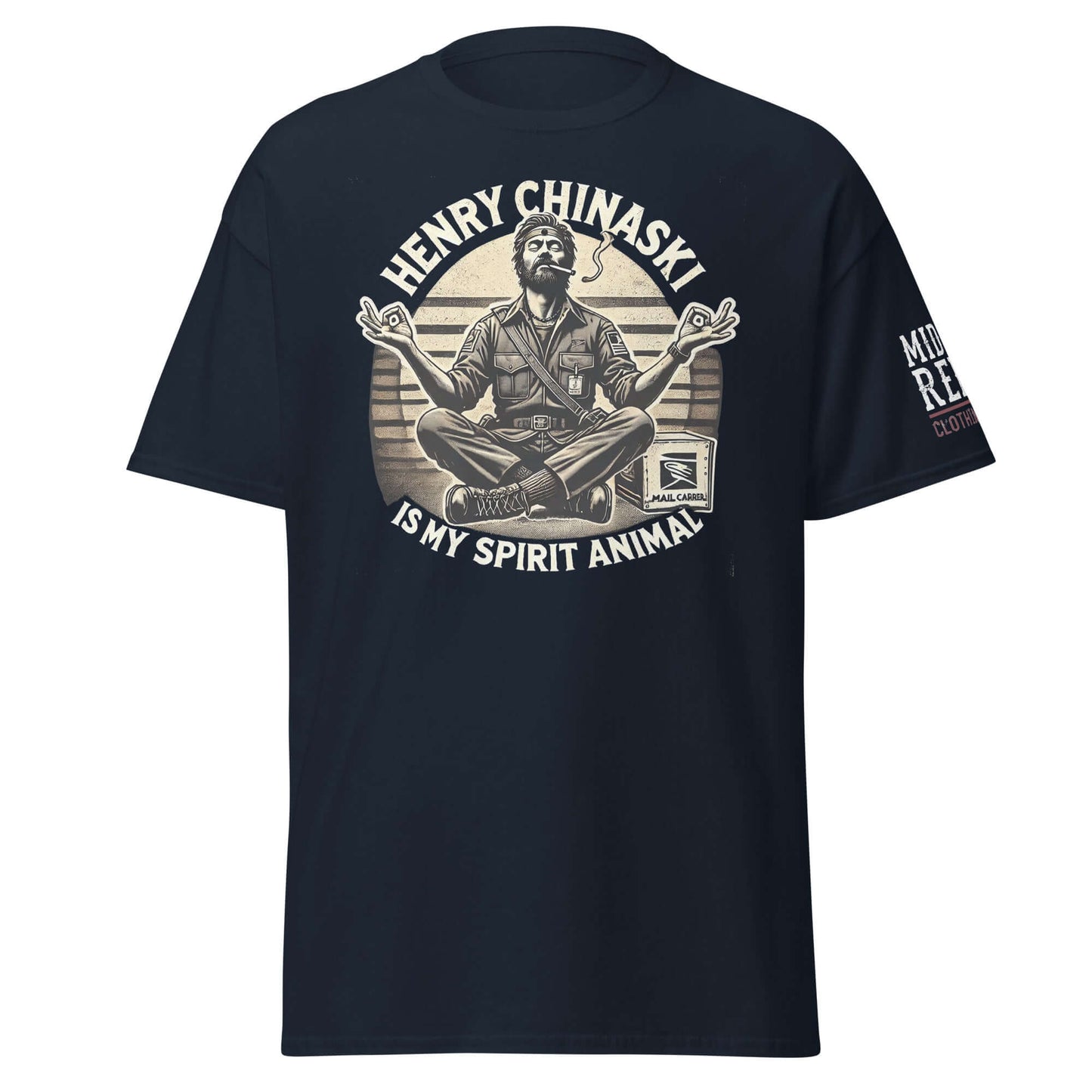 Unisex tee featuring "Henry Chinaski Is My Spirit Animal" design, celebrating Charles Bukowski's iconic literary alter ego.