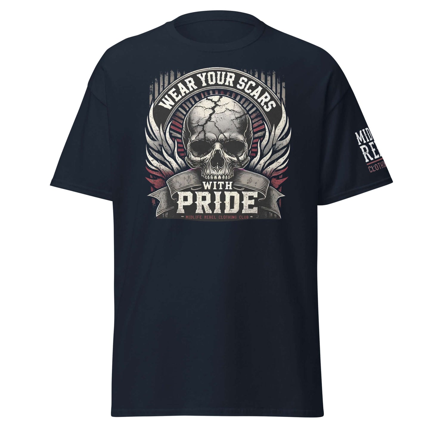 Unisex black t-shirt with "Wear Your Scars With Pride" skull design celebrating resilience and strength.