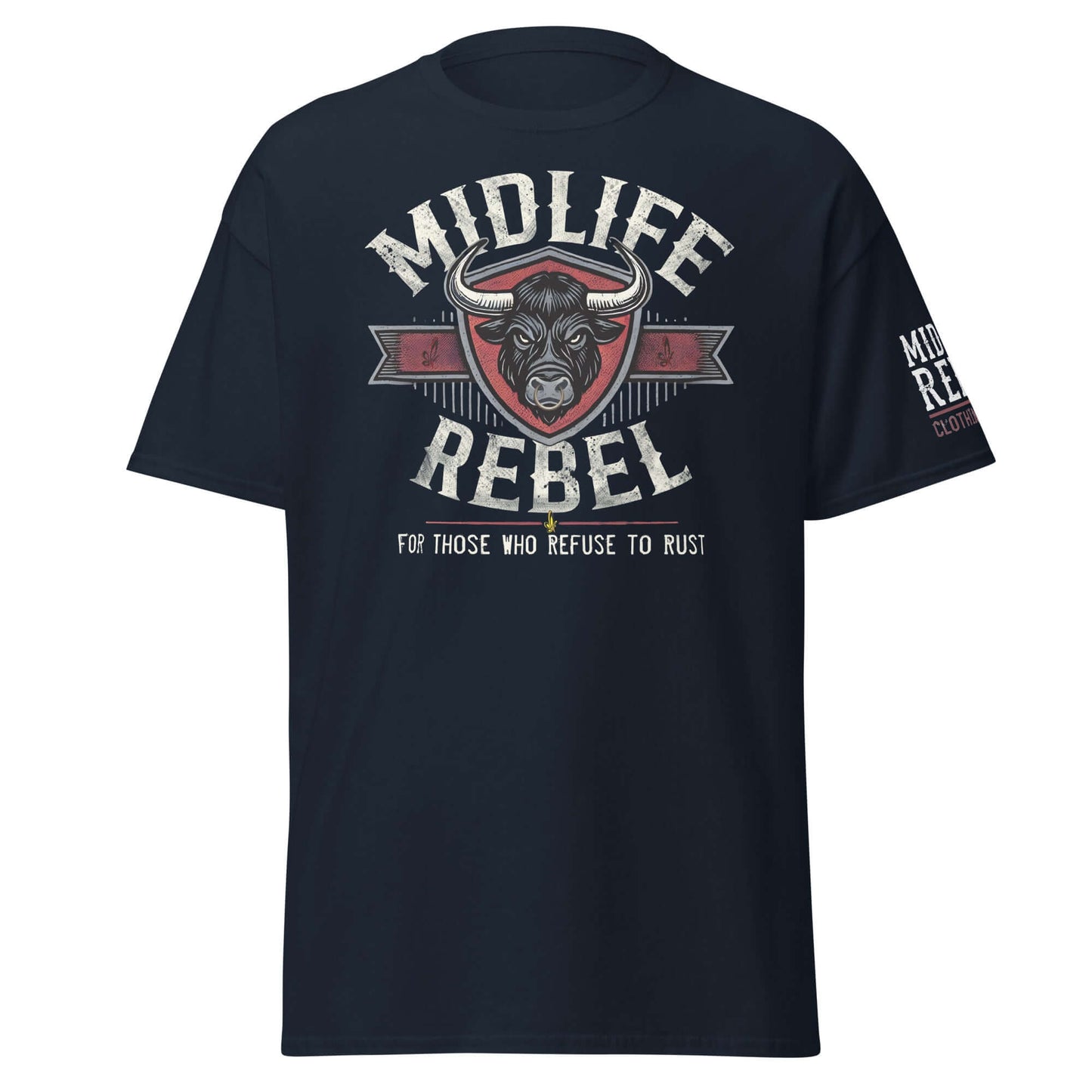 Midlife Rebel unisex classic tee with bull logo, bold design celebrating resilience for middle-aged individuals.