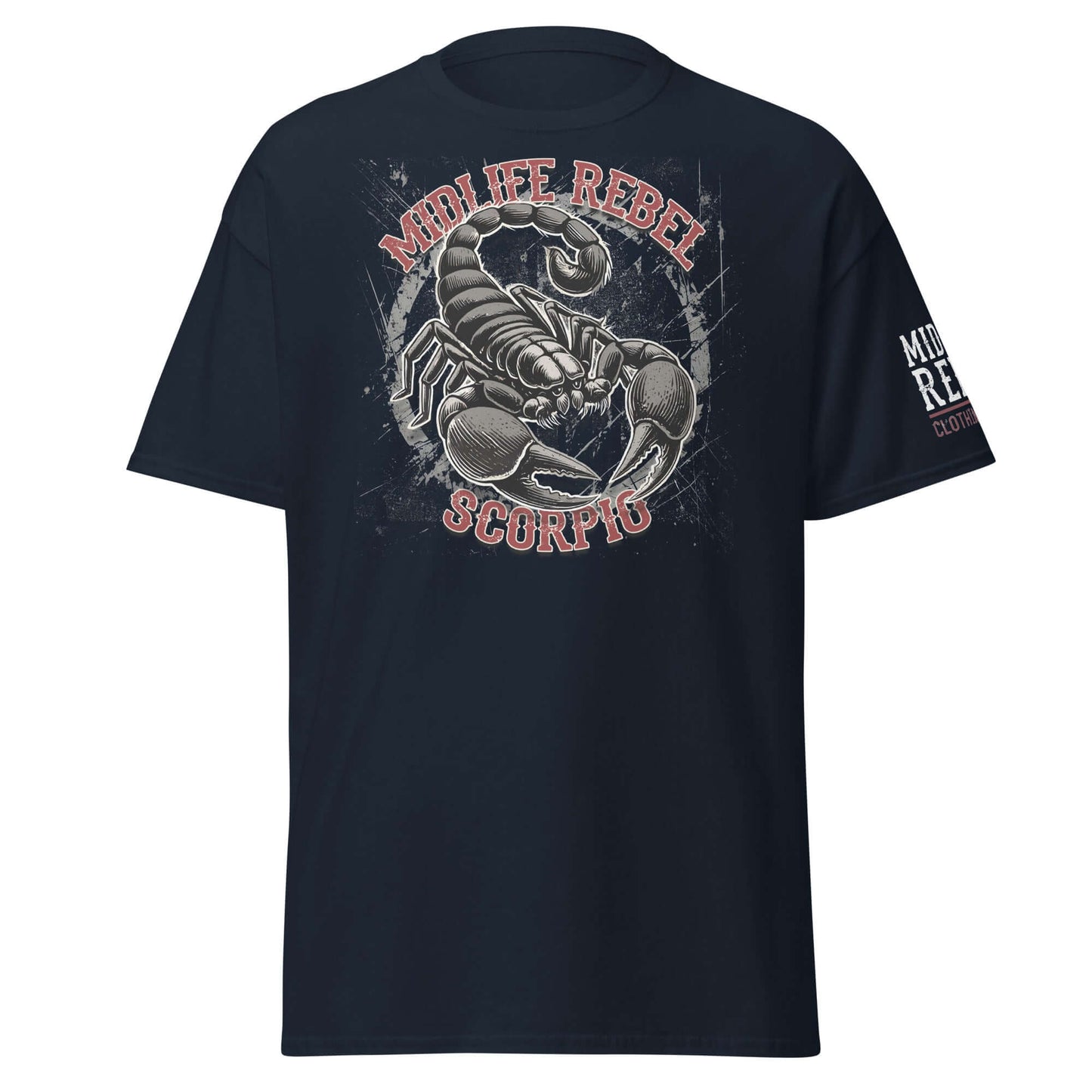 Scorpio Scorpion Zodiac T-shirt featuring Midlife Rebel design, unisex black tee with bold astrology graphic.