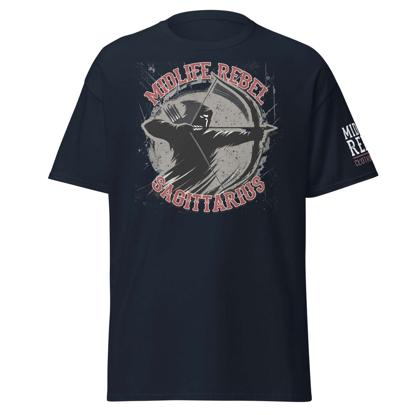 Sagittarius Archer Zodiac T-shirt featuring "Midlife Rebel" design symbolizing freedom and adventure on a black cotton tee.