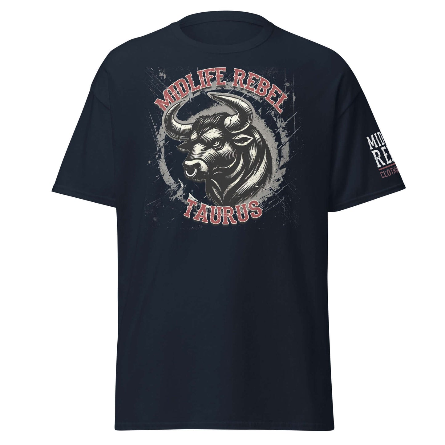 Taurus Bull Zodiac T-shirt featuring Midlife Rebel design, astrology apparel, black unisex cotton tee with bull graphic.