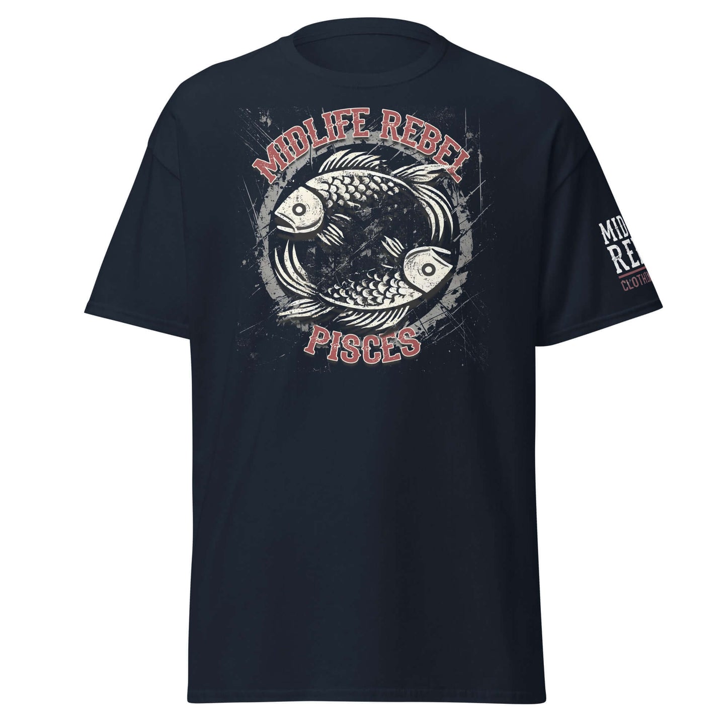 Black Pisces zodiac t-shirt with fish design, featuring "Midlife Rebel" text, perfect for astrology enthusiasts and trendsetters.