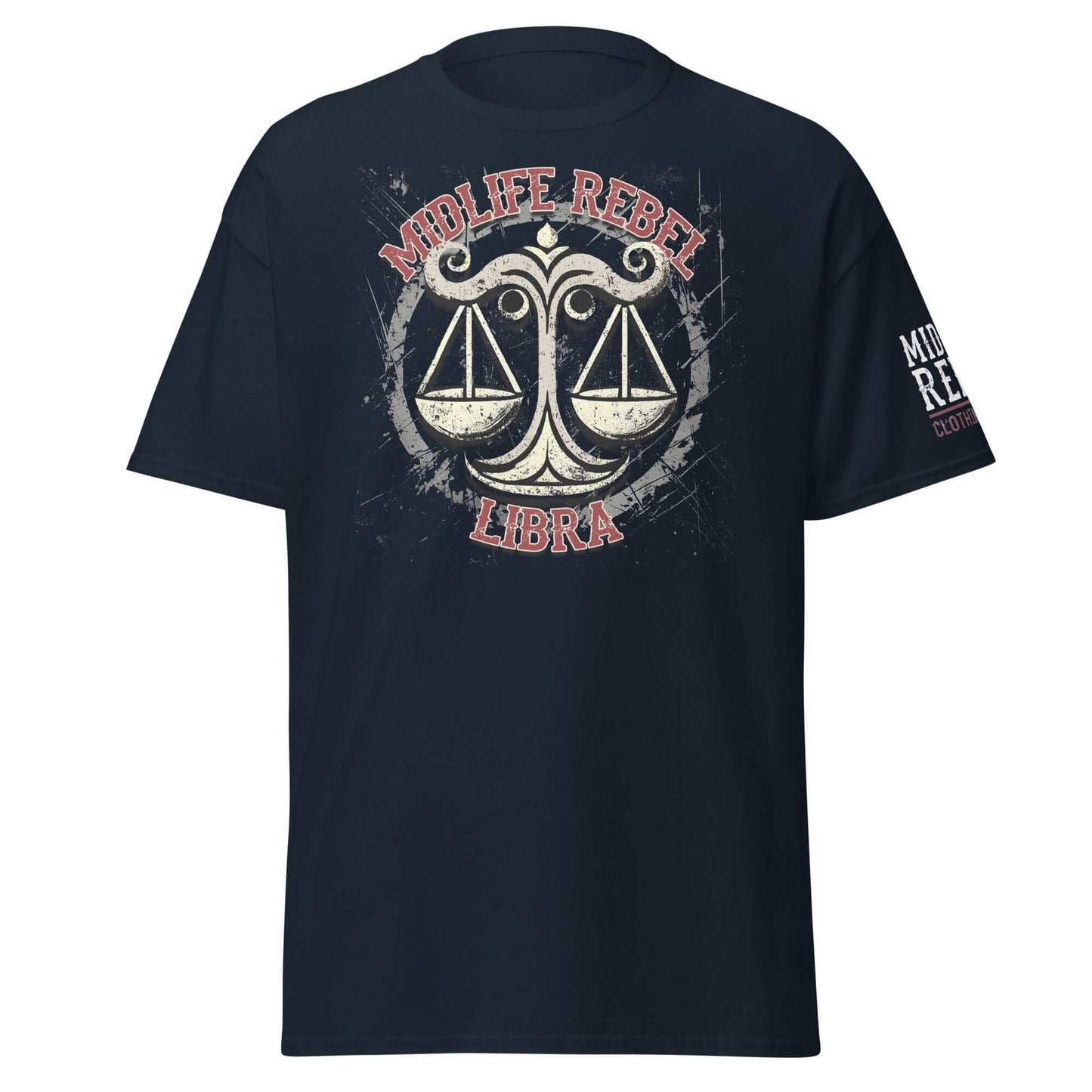 Black Libra scales T-shirt with Midlife Rebel design, symbolizing justice and strength for zodiac enthusiasts.