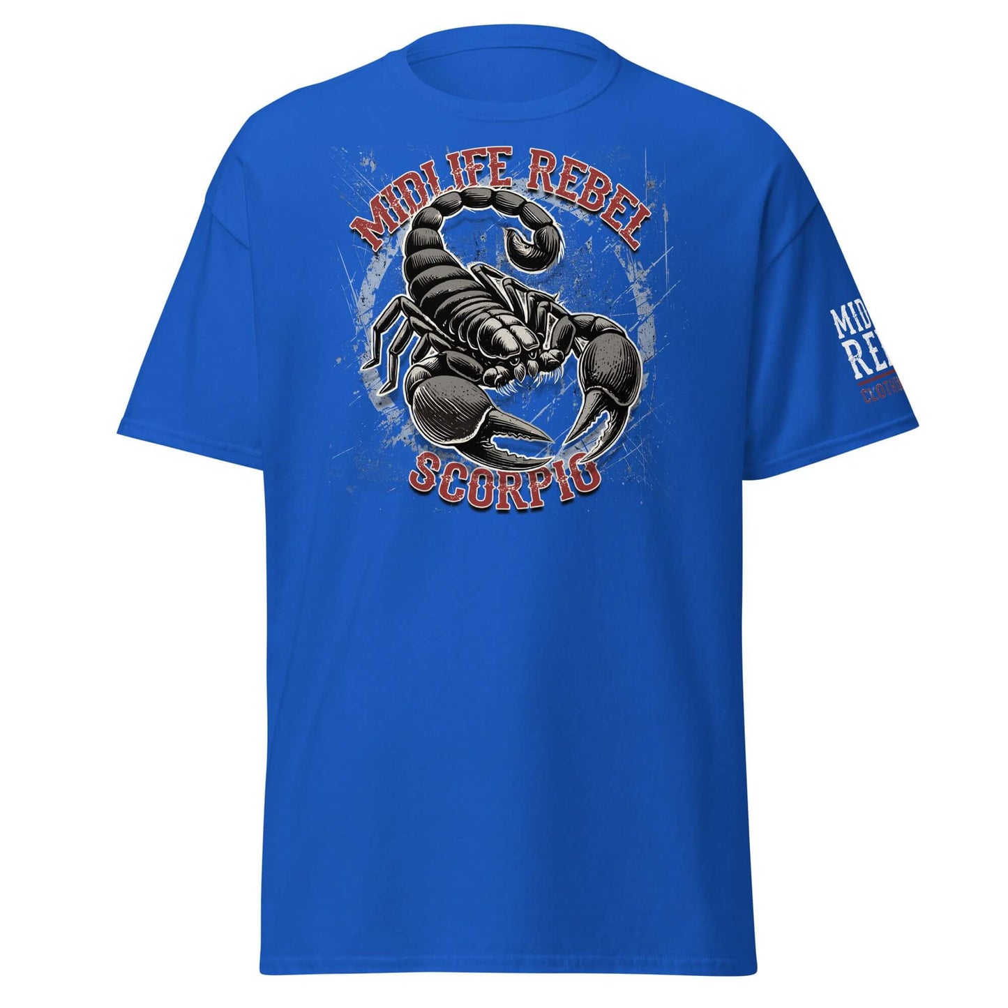 Blue Scorpio Scorpion zodiac T-shirt featuring Midlife Rebel design for intense, transformative style in 100% cotton.