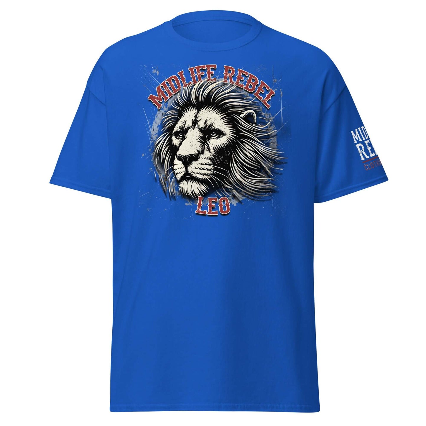 Leo Zodiac T-shirt with fierce lion design, Midlife Rebel text, blue color, 100% cotton unisex astrology apparel for bold confidence.