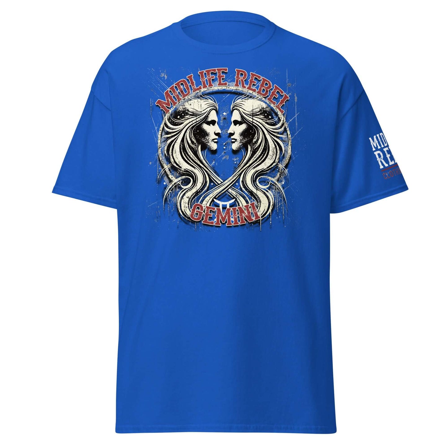 Blue Gemini Twins Zodiac T-shirt featuring abstract twin design celebrating Gemini's duality, perfect for astrology enthusiasts.