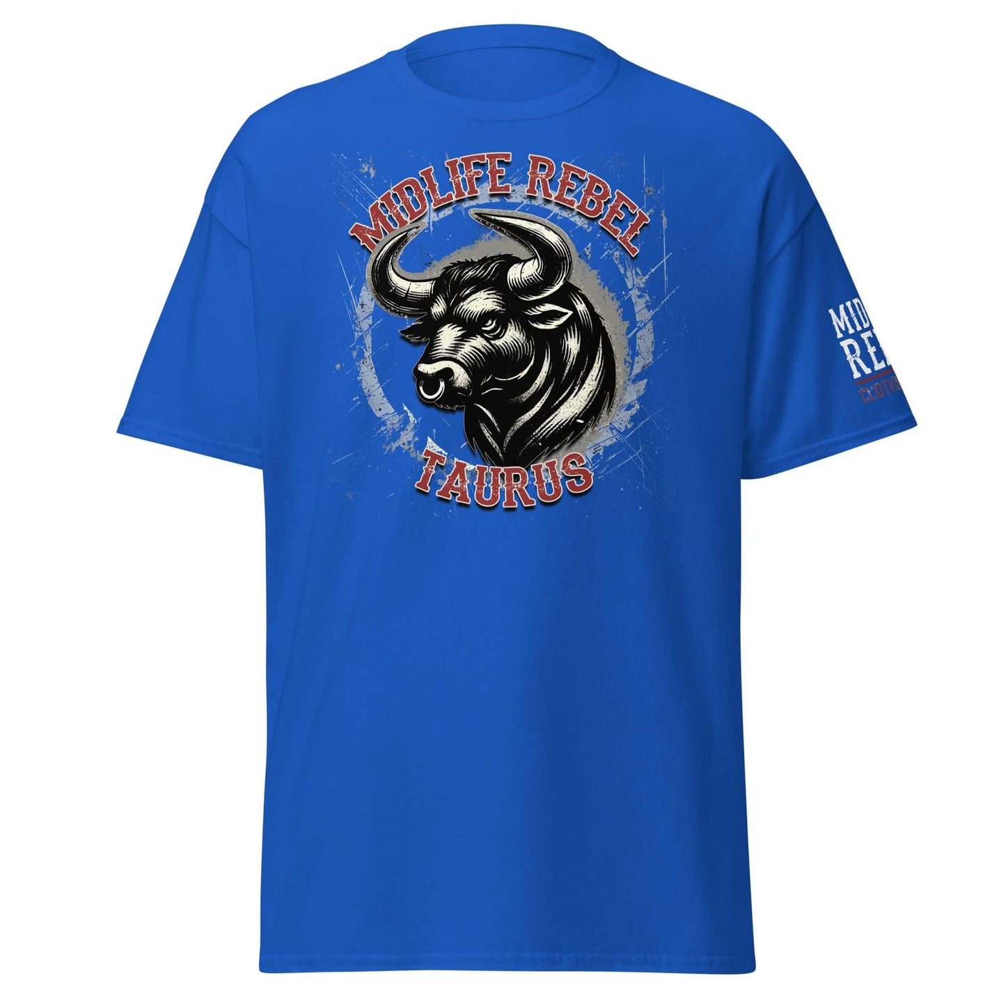 Blue Zodiac T-shirt with Taurus Bull design, featuring "Midlife Rebel" text, symbolizing strength and resilience.
