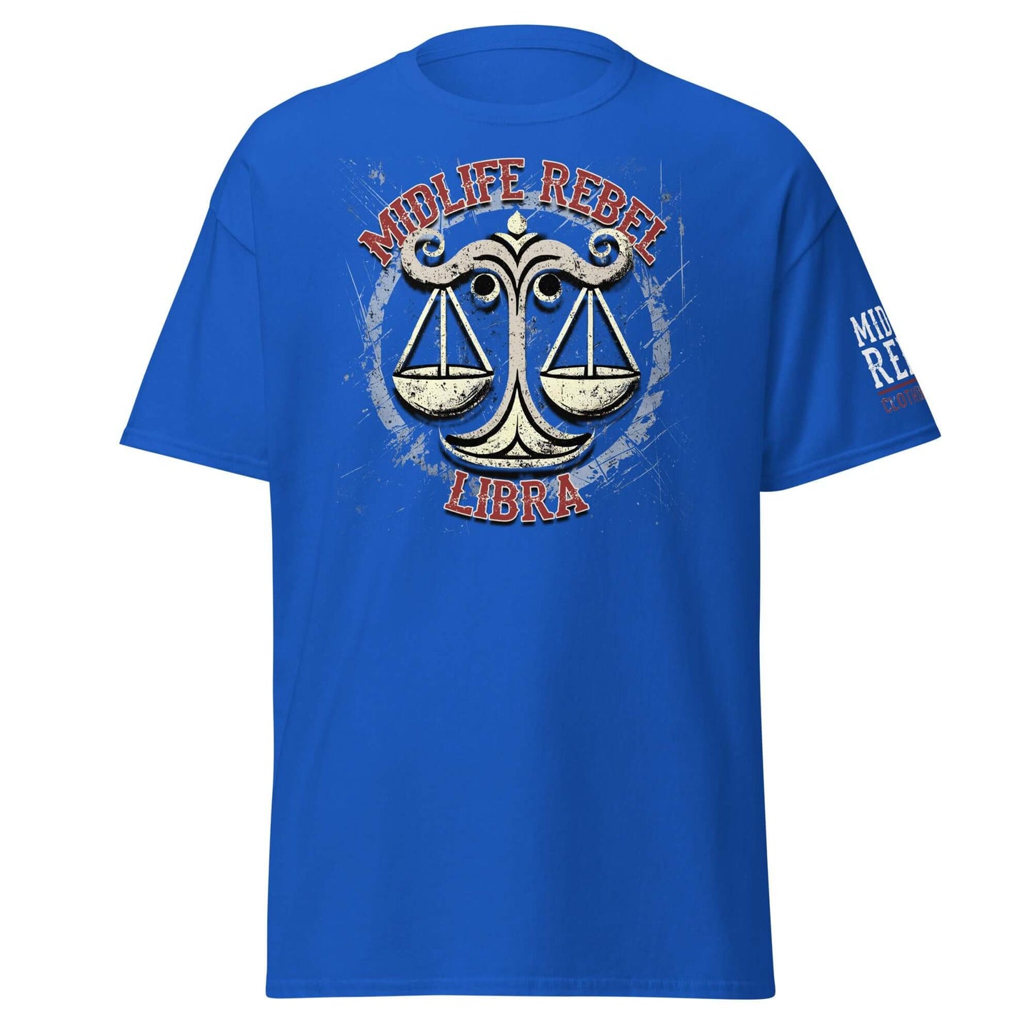Libra scales blue T-shirt with Midlife Rebel design featuring astrology and justice symbols, perfect for trendy streetwear outfits.