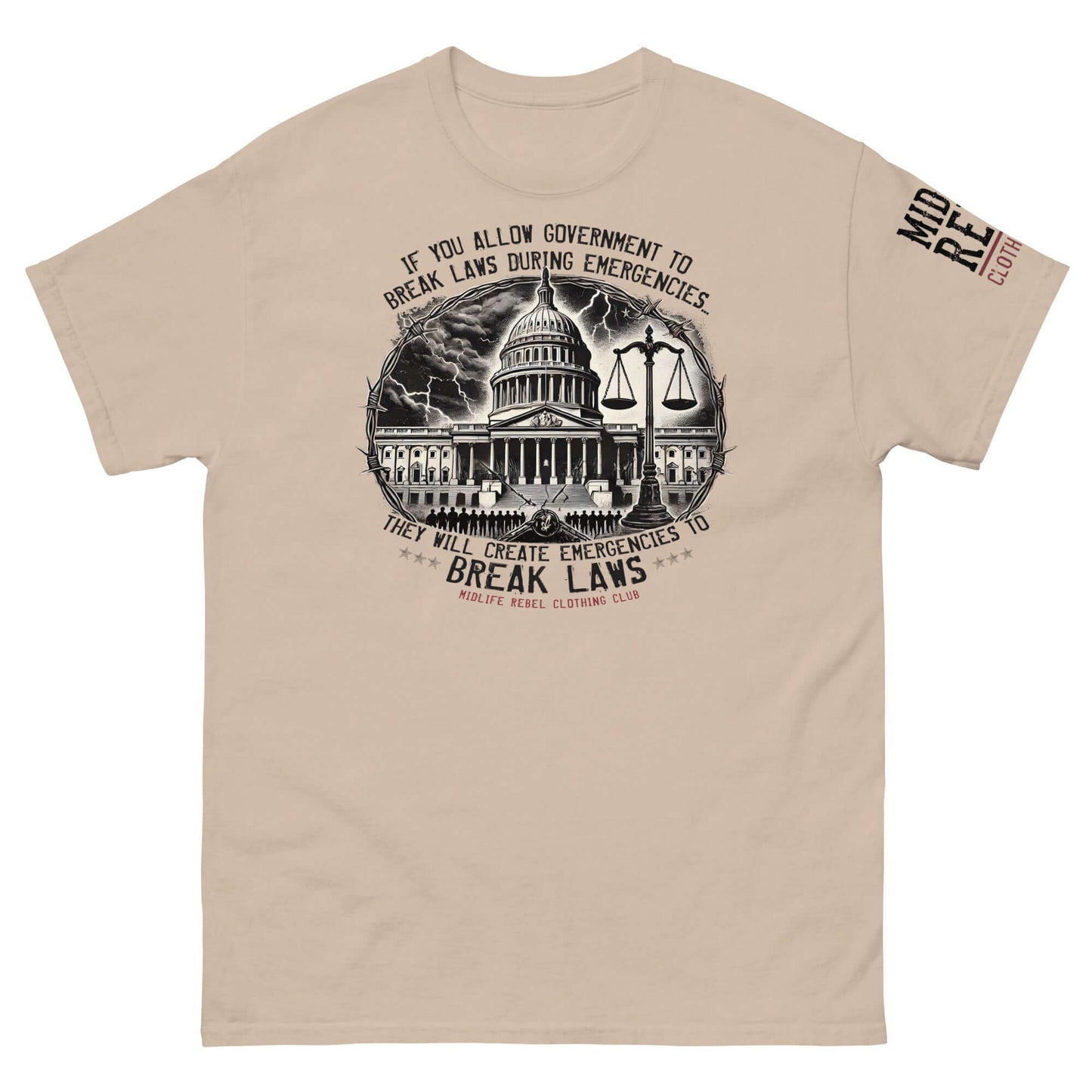 Classic tee with bold design of crumbling government building and scales of justice, slogan challenging unchecked power.