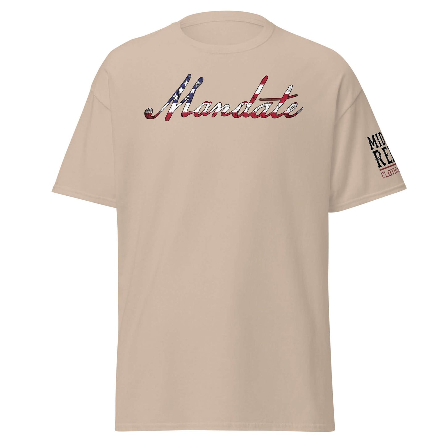 Unisex classic tee with "Mandate" in American flag design, symbolizing patriotism and power for the 2024 election.