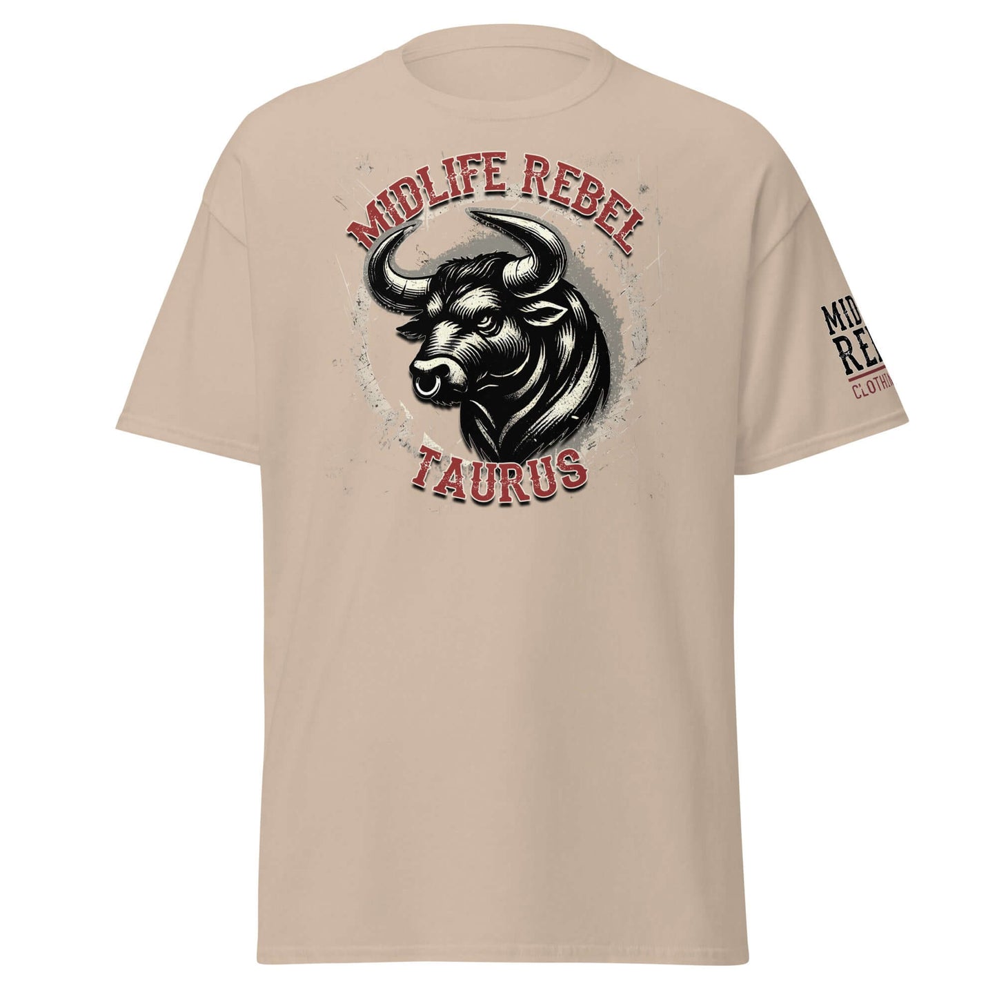 Tan Taurus Bull Zodiac T-shirt with Midlife Rebel graphic, showcasing strong Taurus energy and style.