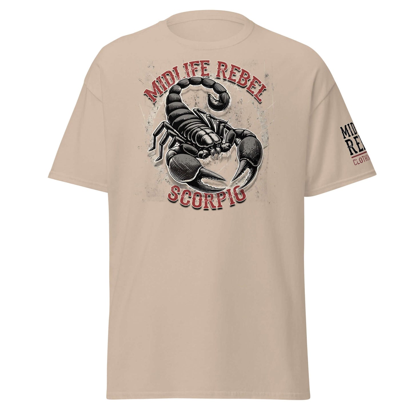 Scorpio Scorpion Zodiac T-shirt with astrology design, featuring Midlife Rebel text and striking graphic, ideal for passionate style seekers.