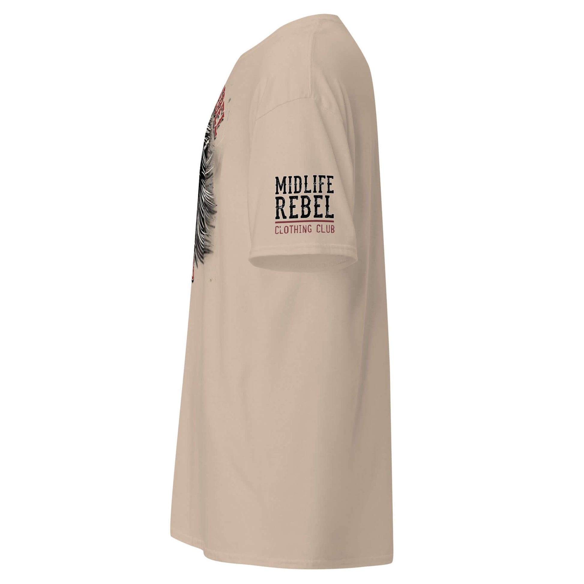 Side view of Leo Zodiac T-shirt with Midlife Rebel fierce lion design, showcasing boldness and leadership in trendy streetwear style.