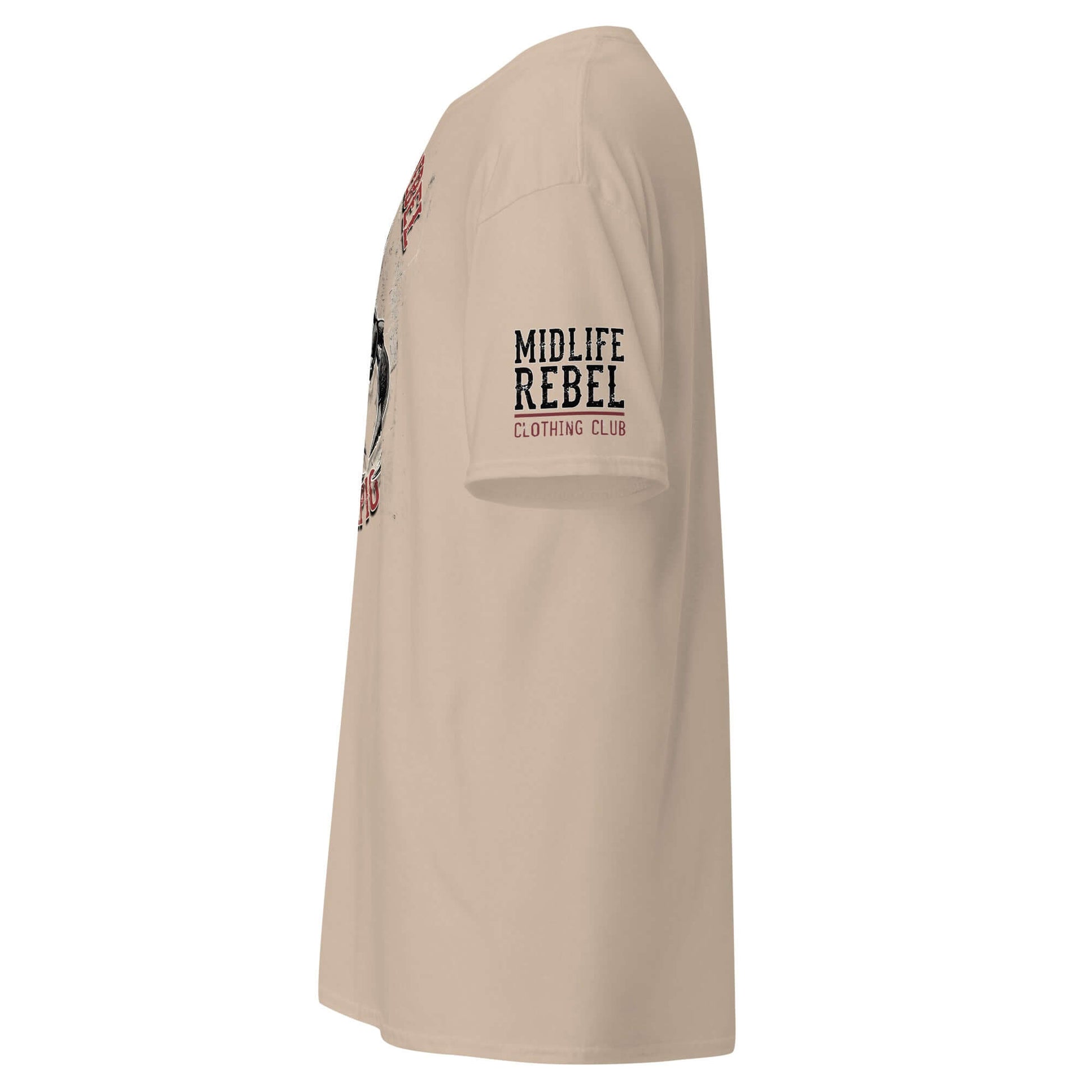 Side view of beige Scorpio Scorpion Zodiac T-shirt by Midlife Rebel, featuring astrology design on chest and branding on sleeve.