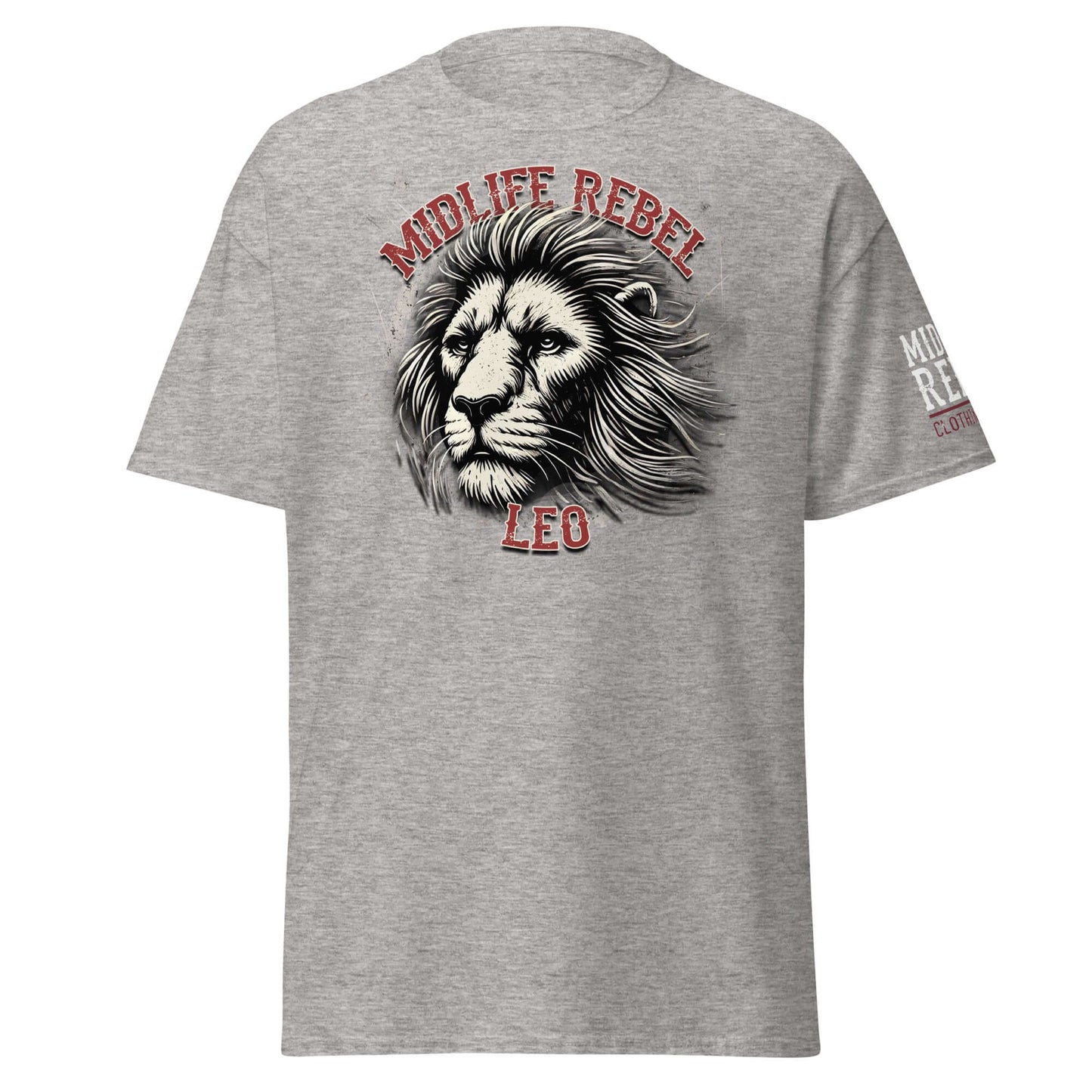 Leo Lion zodiac t-shirt with bold lion design and 'Midlife Rebel' text, perfect for astrology enthusiasts seeking trendy, structured apparel.