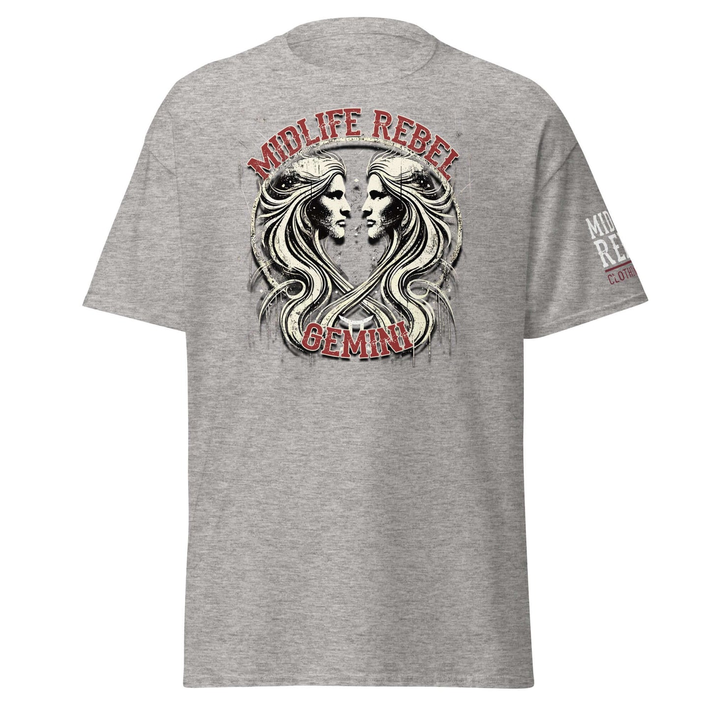 Gemini Twins Zodiac T-shirt with abstract gritty twin design by Midlife Rebel, celebrating Gemini's duality and spirit.