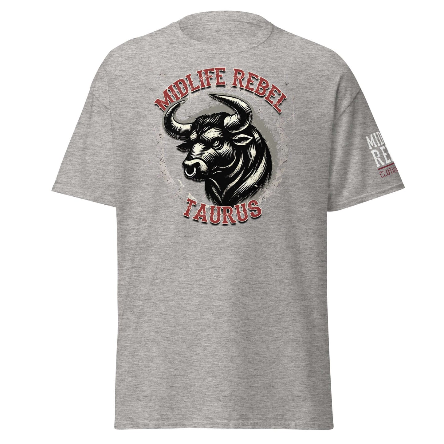 Gray Taurus Bull Zodiac T-shirt with Midlife Rebel graphic, showcasing strong Taurus energy and style.