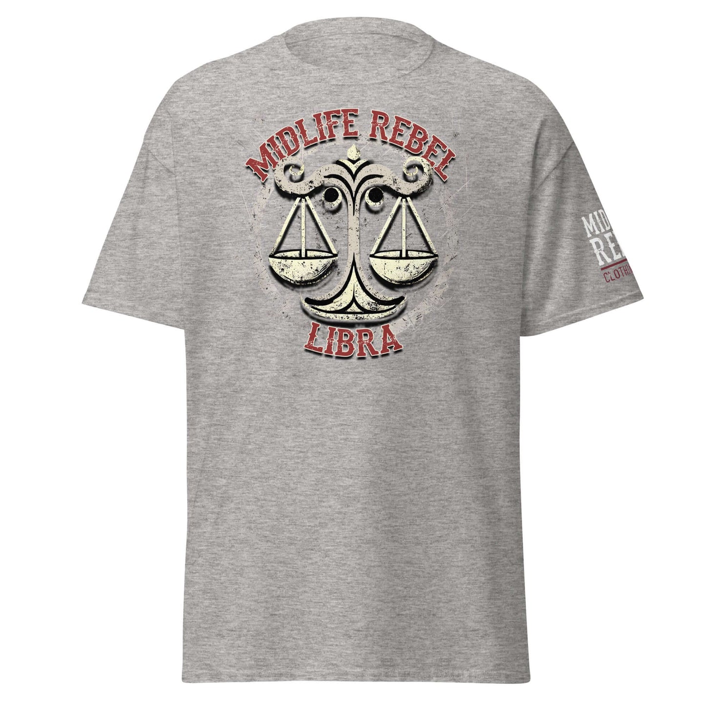 Grey t-shirt with abstract Libra scales design and "Midlife Rebel" text, symbolizing justice, harmony, and strength in astrology apparel.