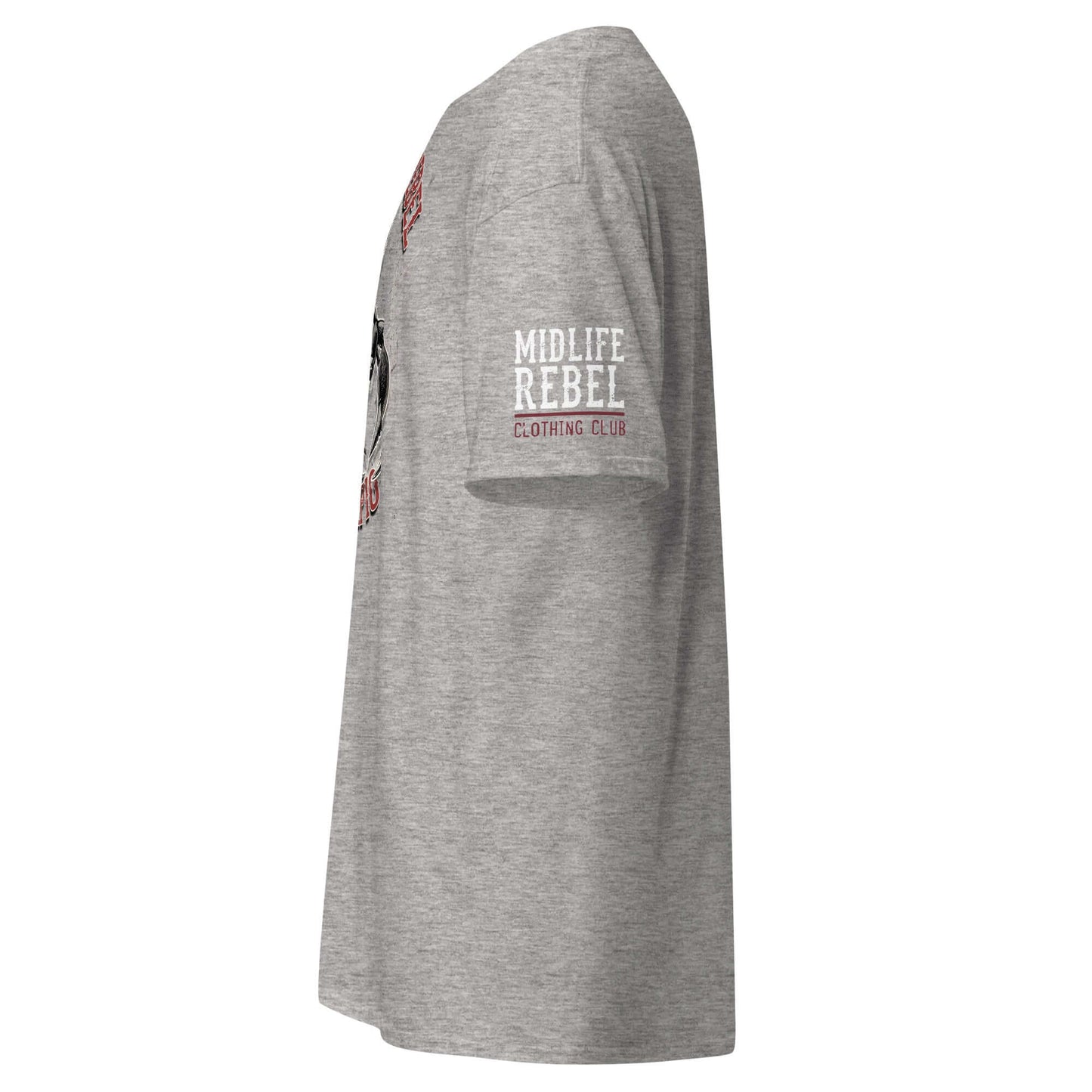 Side view of gray Scorpio Scorpion Zodiac T-shirt featuring Midlife Rebel brand text on sleeve. Astrology themed apparel for structured look.